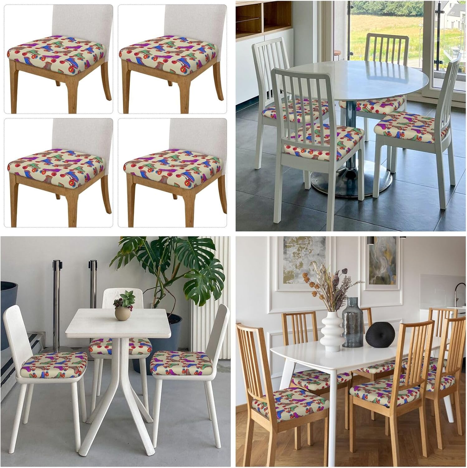 4PCSs Stretch Seat Covers Set, Roller Skates Chair Covers for Dining Room, Square Chair Seat Slipcovers with Ties, Removable Washable Dining Chair Protector Seat Cover for Kitchen Office