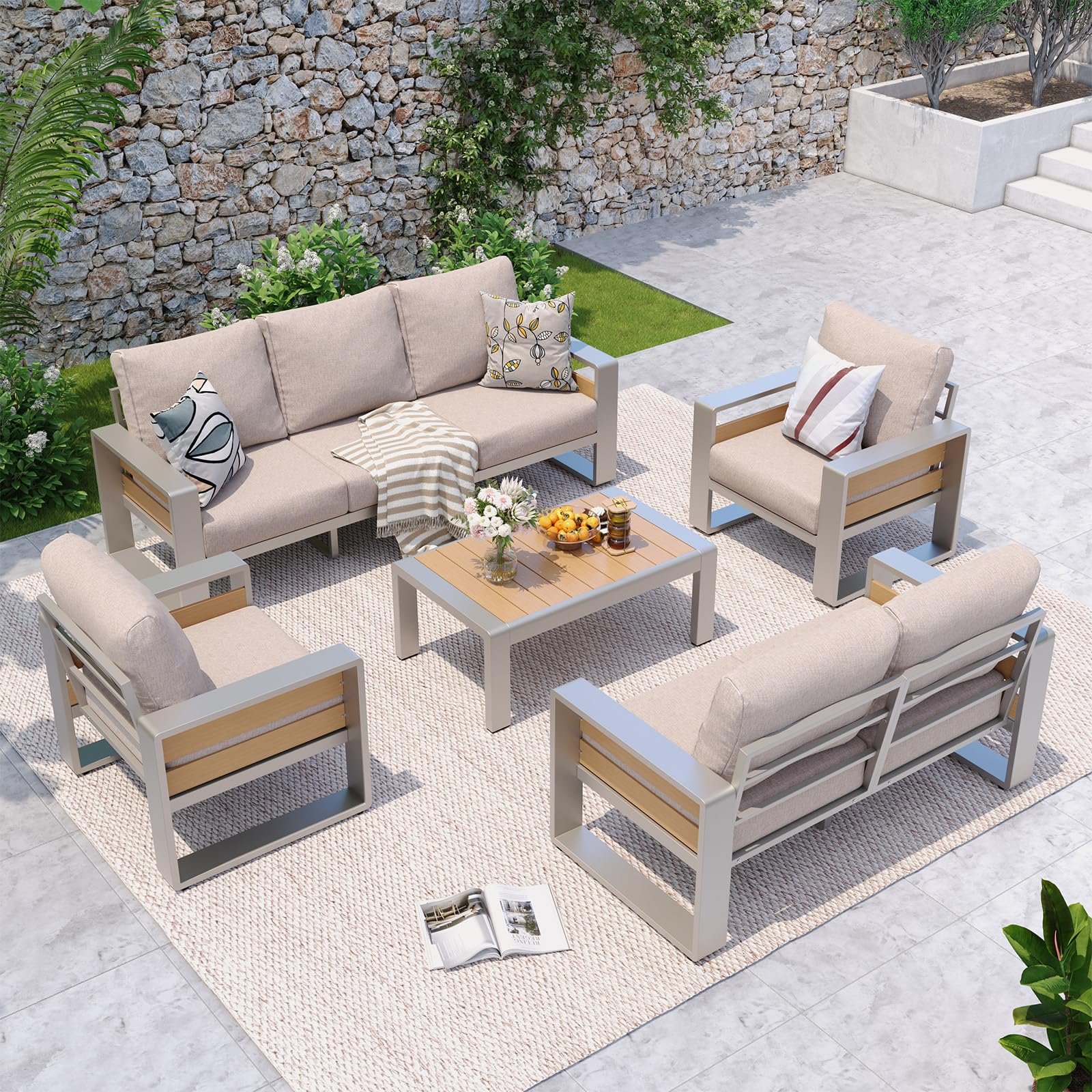 Aoxun Aluminum Patio Furniture Set, 7 Seats Luxury Metal Patio Conversation Sets with Coffee Table, Thick Cushions and Waterproof Cover, Sectional Outdoor Furniture Set for Backyard/Poolside, Beige