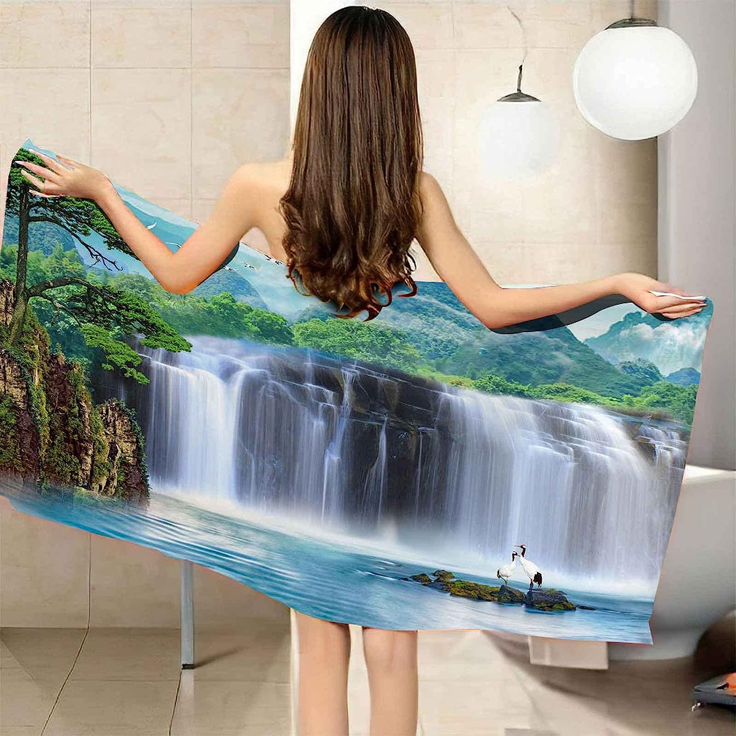 Serviette De Plage Paysage Chinois De Chute d'eau, 3D Serviette De Bain Microfibre Anti Sable Tapis De Plage Femme Homme pour Voyage, Camping, Gym, Natation, Yoga 200 X 200 Cm -9F3J+S4P