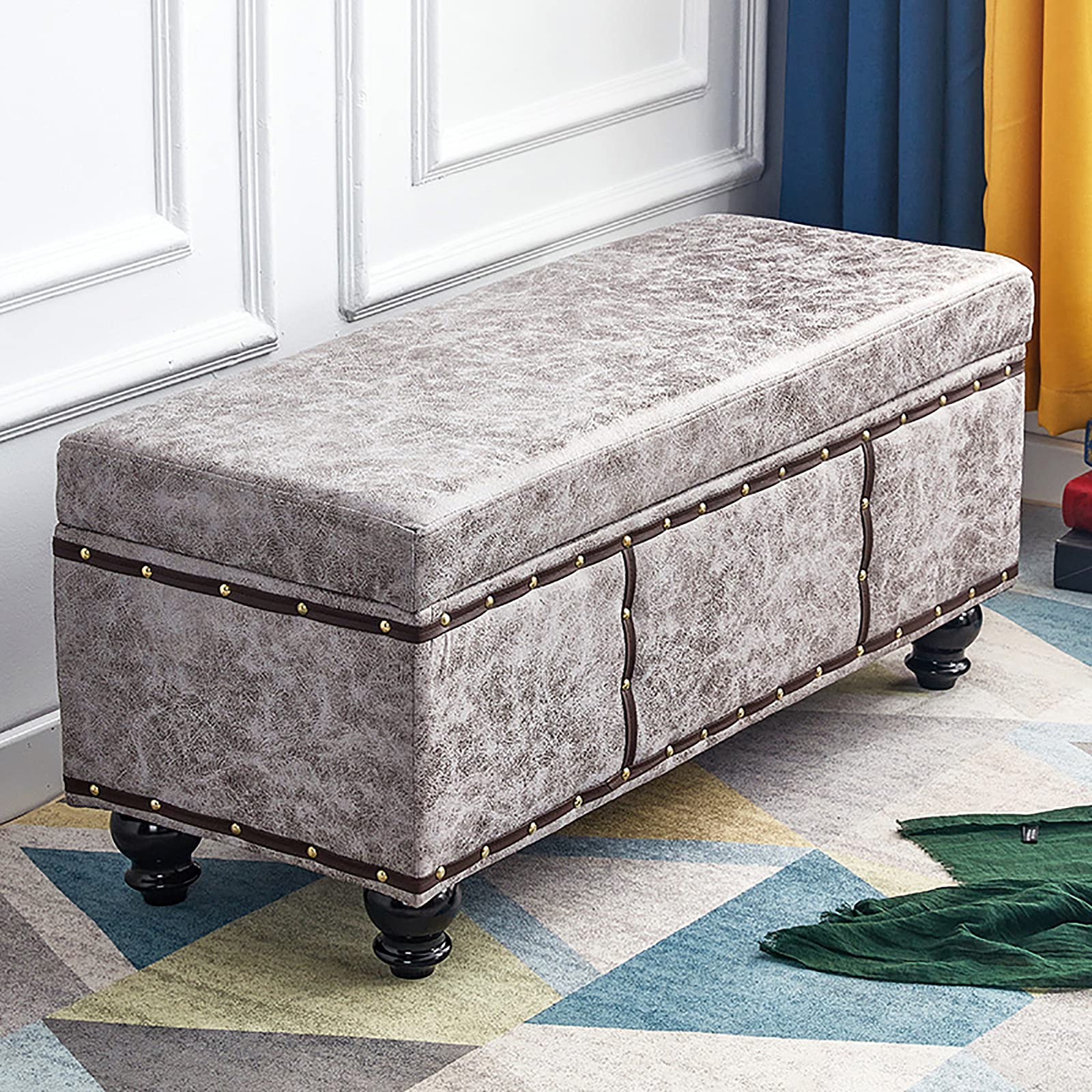 Repose-pieds ottoman moderne gris avec coffre de rangement rectangulaire en similicuir