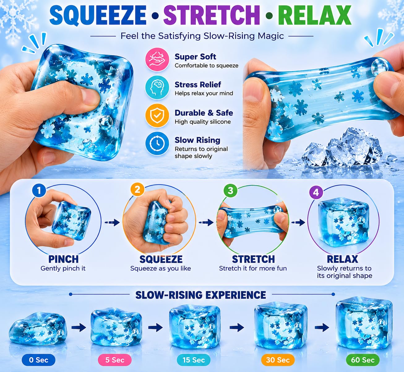 GRYFINN Snowflake Stress Relief Toy, Gel Fidget Cube for Kids & Adults, Squishy Sensory Anxiety Relief Toy, Stretchy Pinch Pull Stress Ball, Hand Therapy for Office, School & Home 2