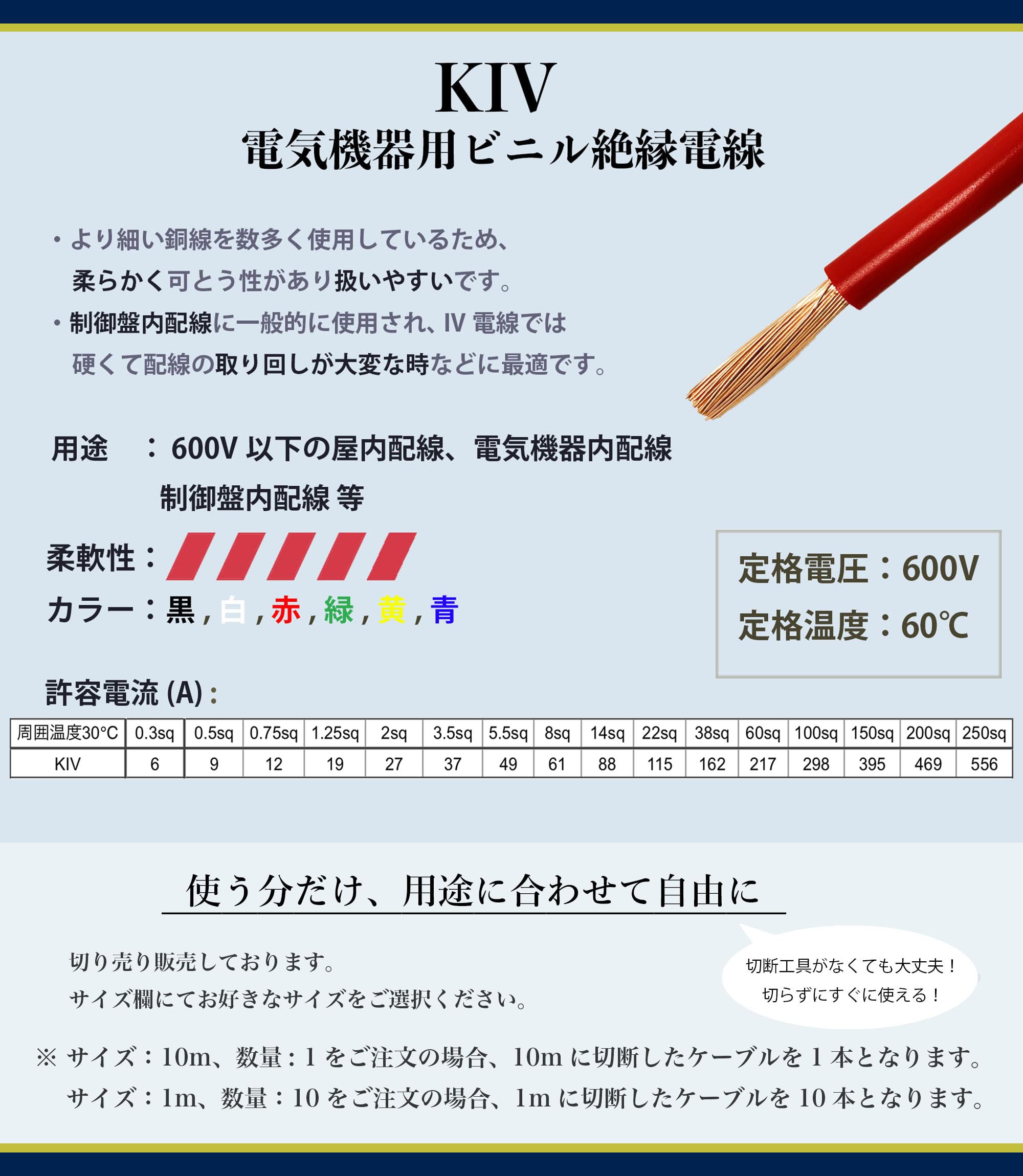 Amazon.co.jp: KIVケーブル 3.5sq 赤色 20m 【6色から選択可】 【1m