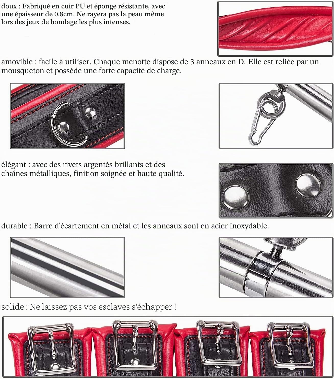 Barre de contrainte / bondage Barre d'écartement en métal réglable avec menottes pour poignets et chevilles