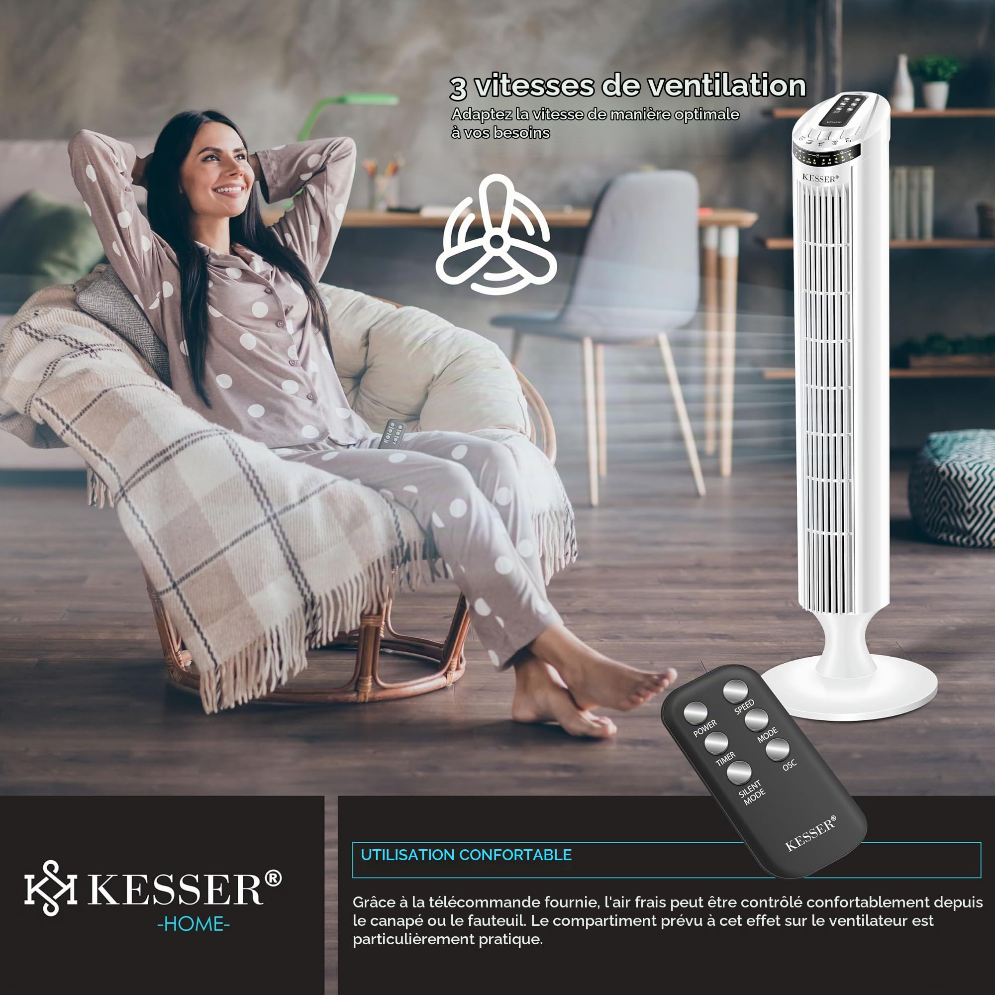 KESSER Ventilateur tour avec télécommande - ventilateur à colonne avec écran LED - ventilateur sur pied - climatiseur