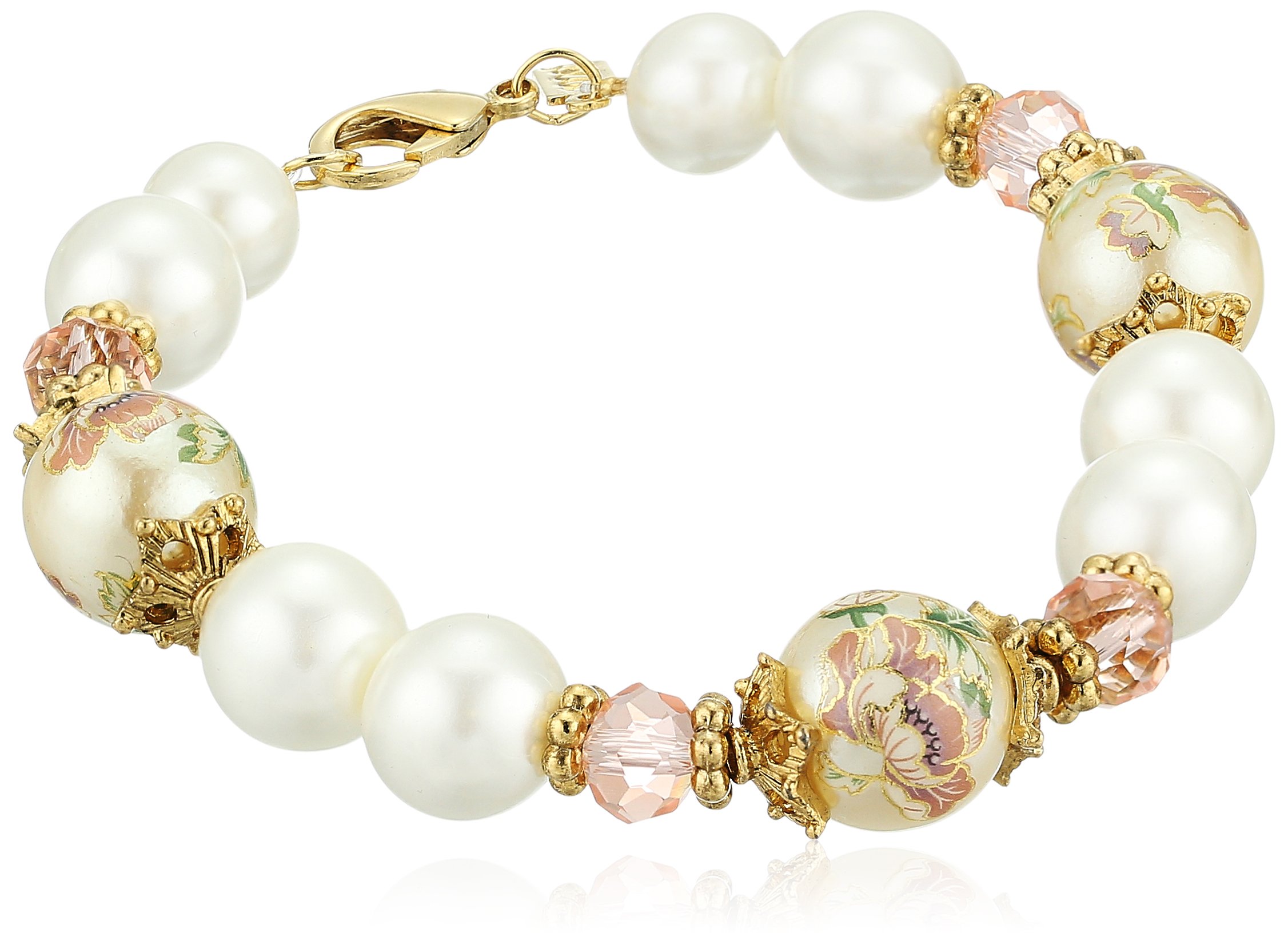 1928 JewelryWomen's Gold Tone Flower Decal Faux Pearl Pink Crystal Bracelet