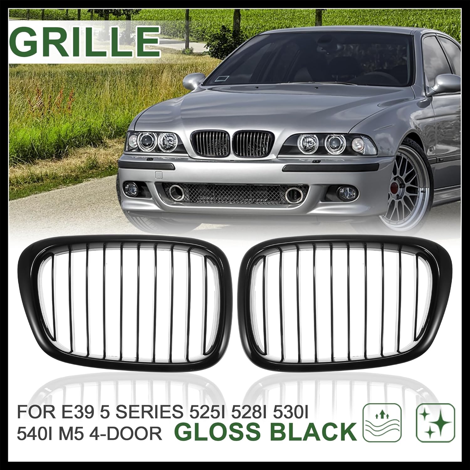 2pcs Glossy Black Front Kidney Grille Grill for BMW E39 1999-2003 5 Series 528i 540i 4-Door Durable Material