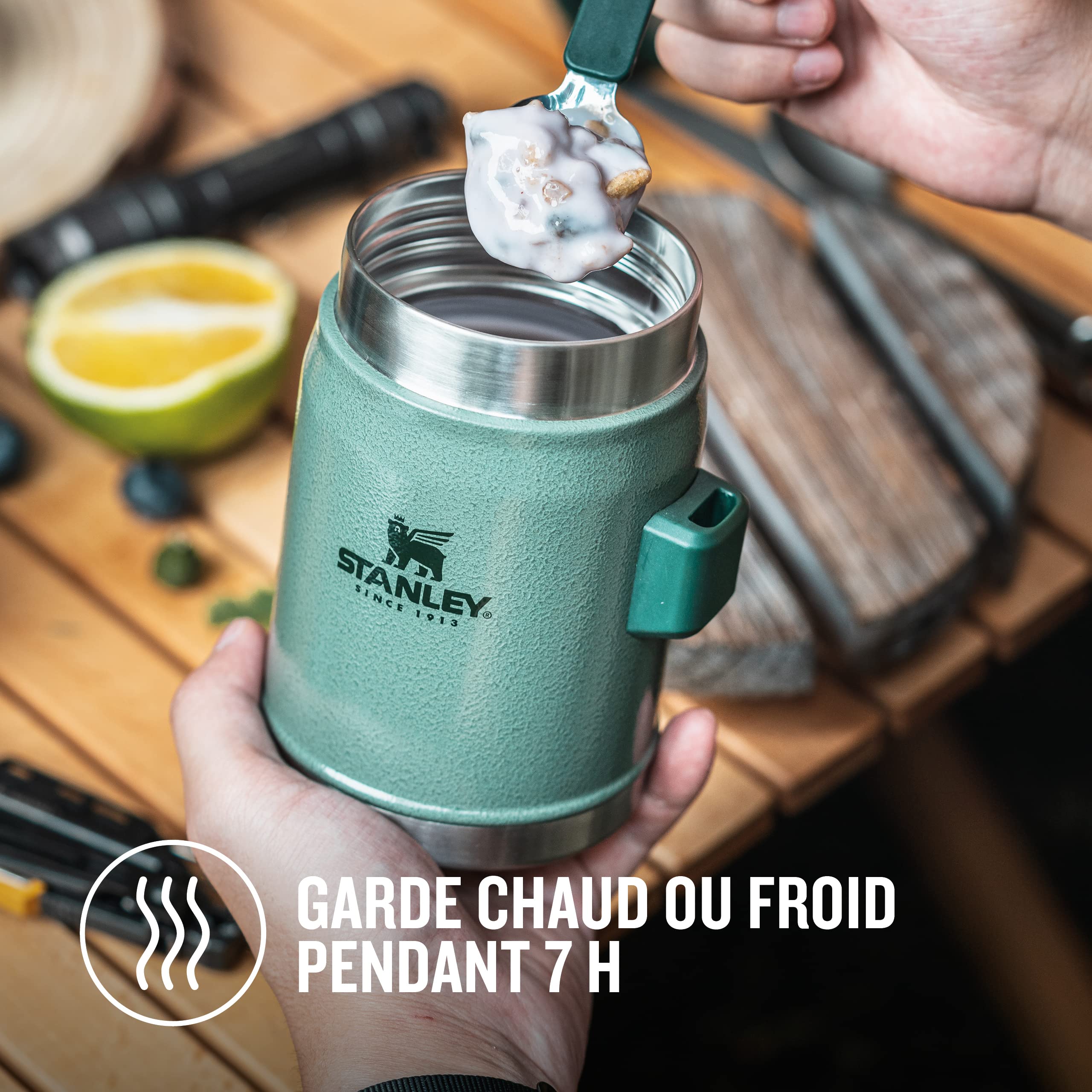 Stanley 1913 Classic Legendary Food Jar 0.4L avec Cuillére-Fourchette - Alimentaire Chaud a 7h - Lunch Box Isotherme - Acier Inoxydable - Sans BPA - Hammertone Green