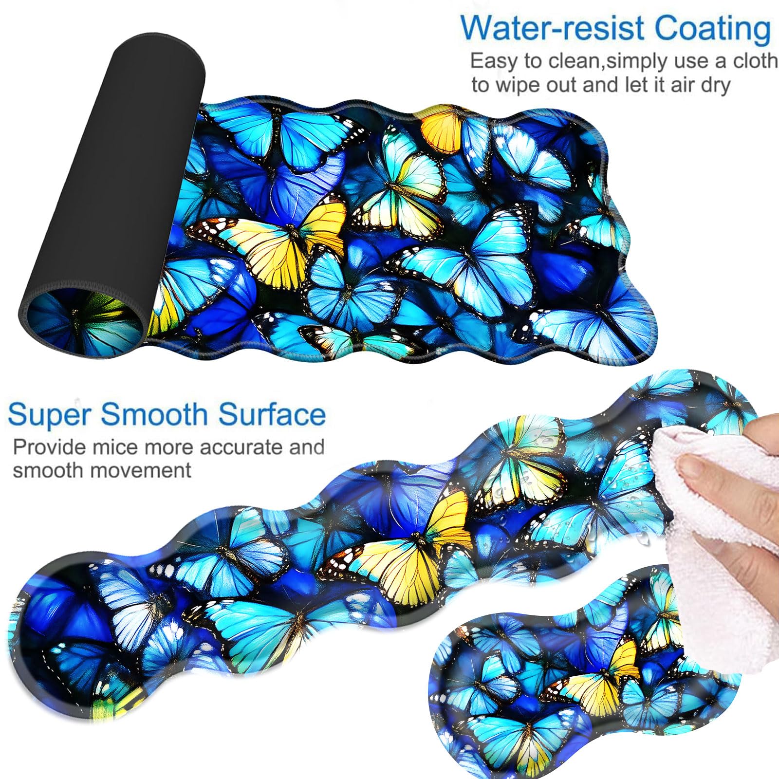 Tapis de souris 4 en 1 avec repose-poignet, tapis de souris ergonomique et repose-poignet pour bureau, motif papillons colorés
