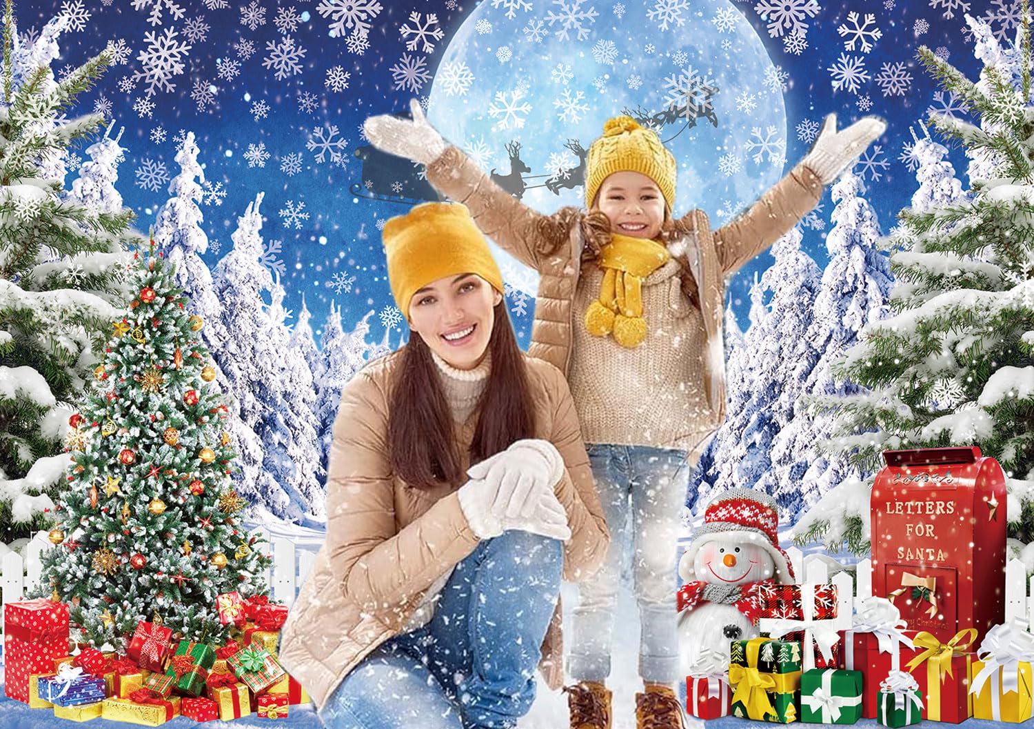 Winter Christmas Backdrop Christmas Tree Snowflake Forest Wonderland Photography Background Xmas Eve Winter Night Family Holiday Party Decoration Background (8X6FT (240x180cm)) - Image 3