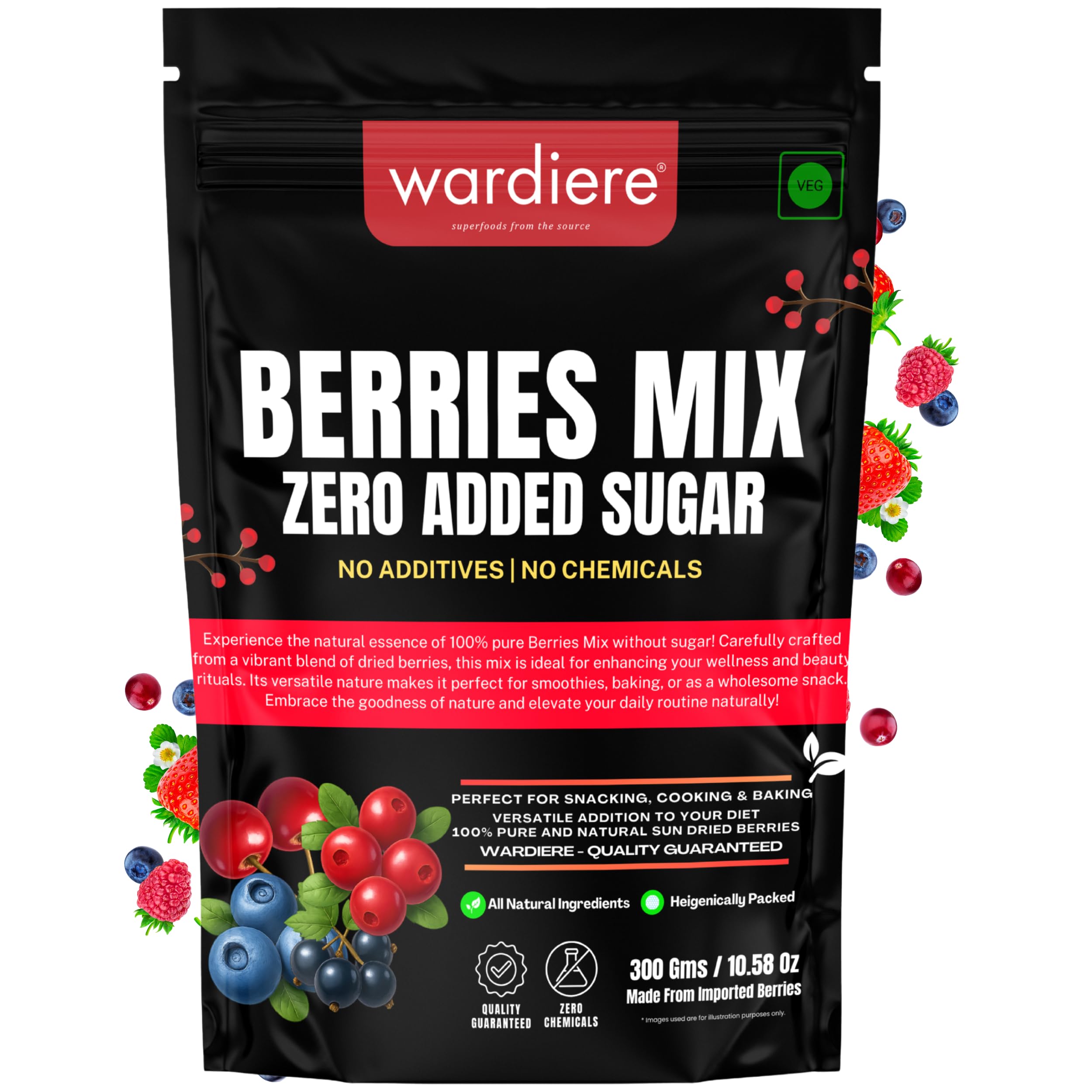 Wardiere Organic Berries Mix (300 GMs) - Excellent Naturally Dried Berries Mix Without Sugar - Certified Organic, Zero Chemical