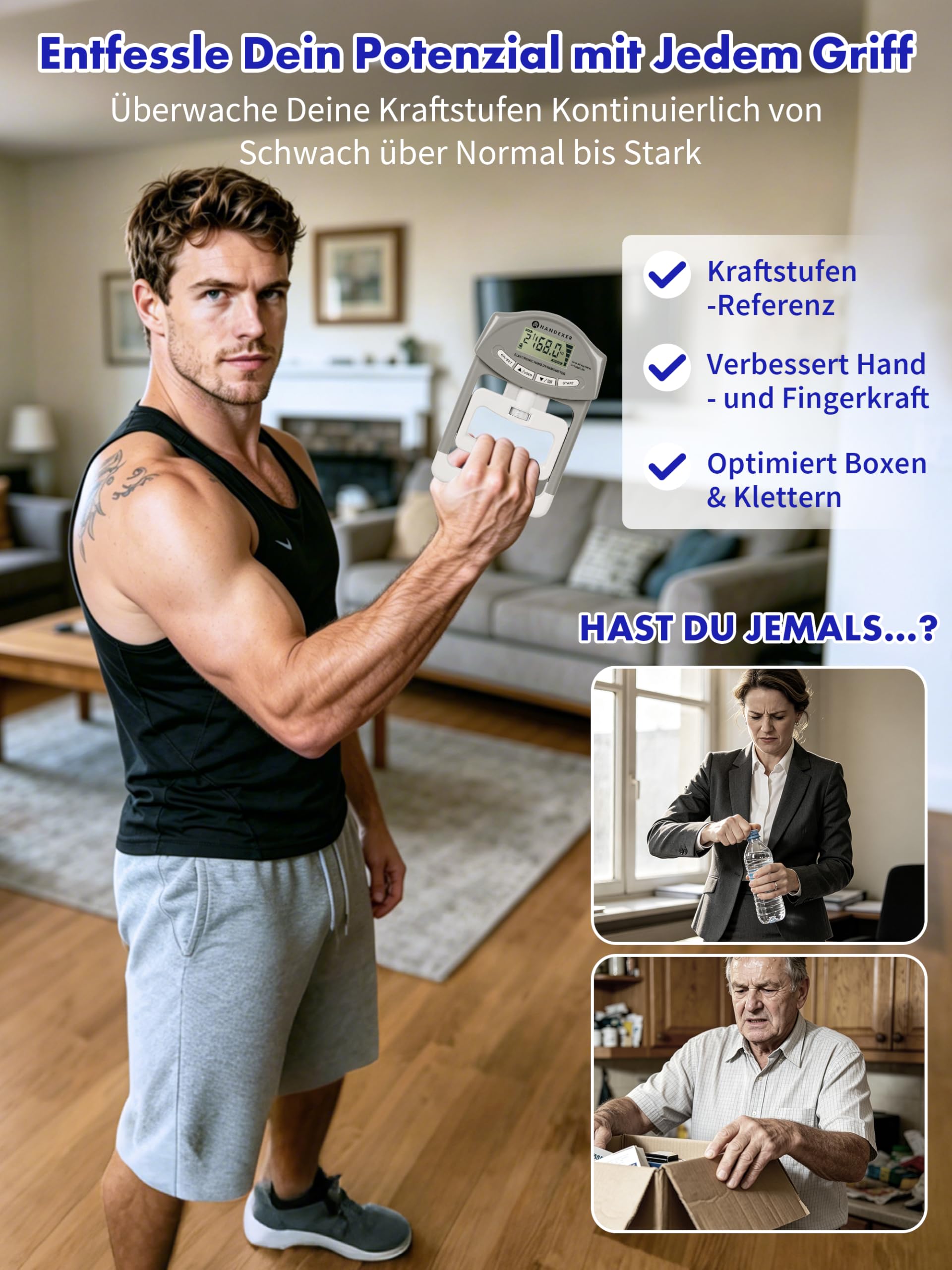 Digitaler Griffkraftmesser 0-120kg – Professionelles Handdynamometer mit LCD-Display, Verstellbarem Griff & Alters-Normtabelle für Kraftmessung, Training