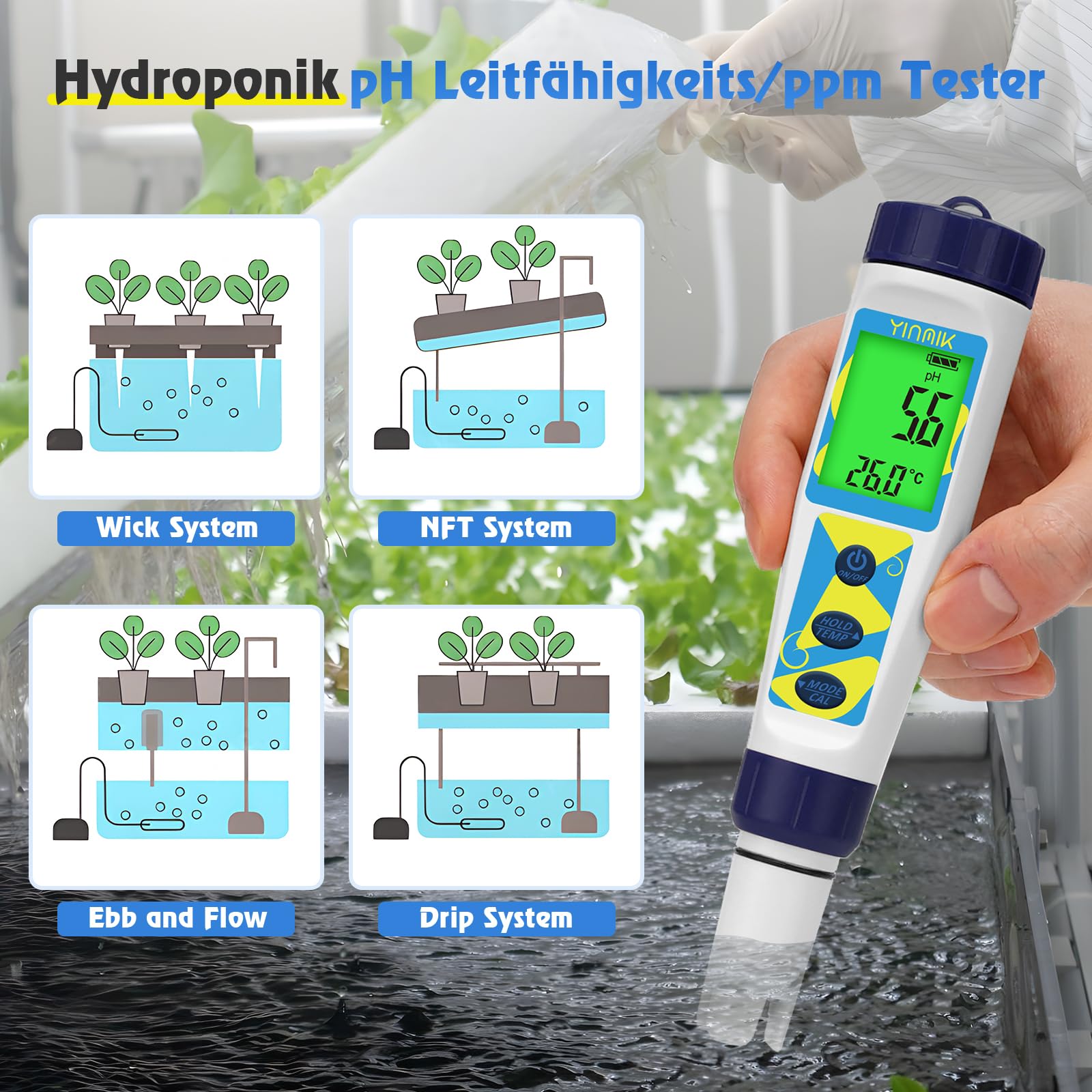 YINMIK pH Messgerät für Wasser, 5 in 1 Messgerät für pH Salz EC TDS Temperatur, pH Wert Messgerät, Salzgehalts Messer für Meerwasser Pool, Leitfähigkeit PPM Messer für Trinkwasser und Hydrokulturen