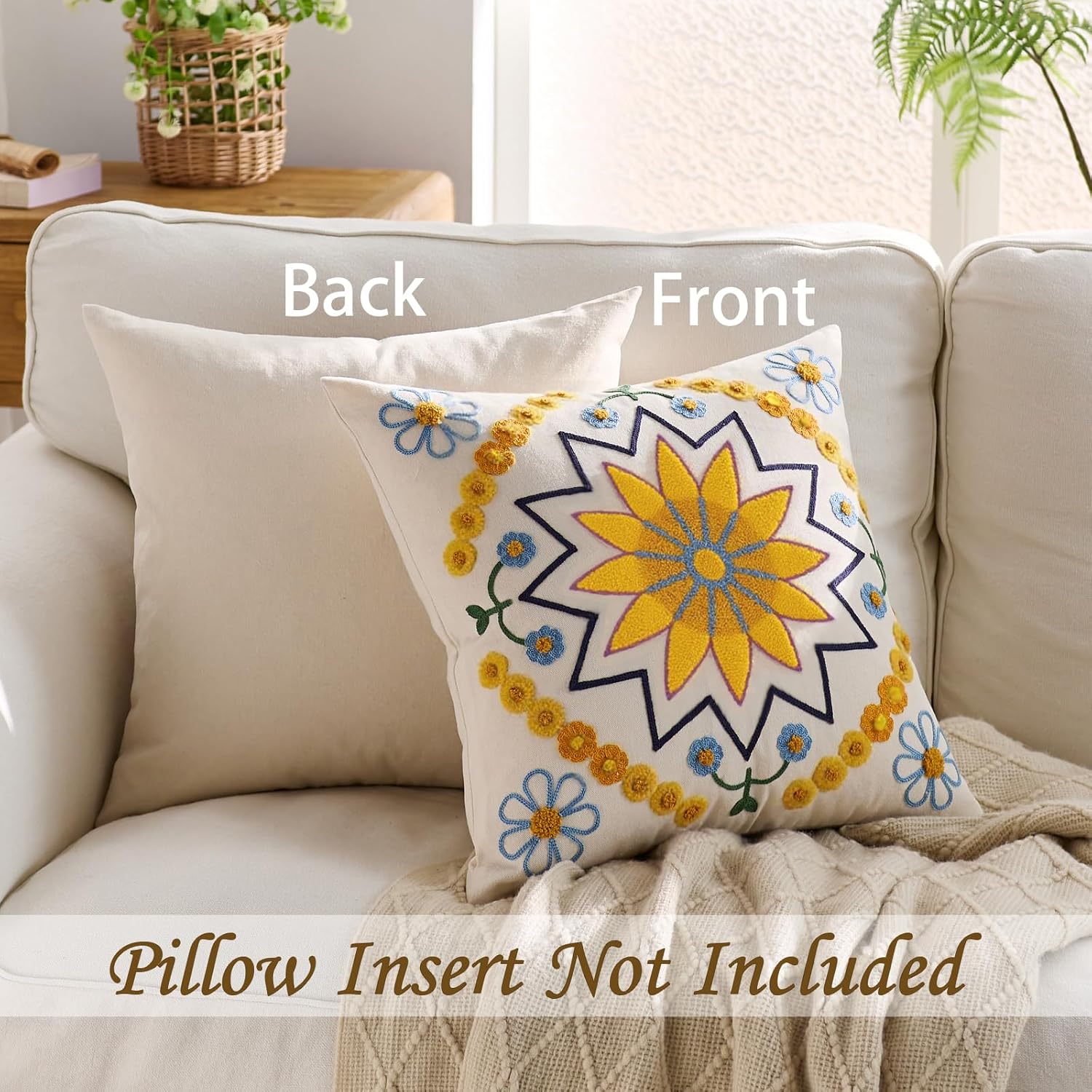 Embroidered Throw Pillow Cover 18x18 Classic Boho Floral Pattern Pillows Cover Outdoor Decorative Pillowcase,Durable Cozy Textured Cushion Case for Sofa Couch Bed Living Room,Yellow - Image 4