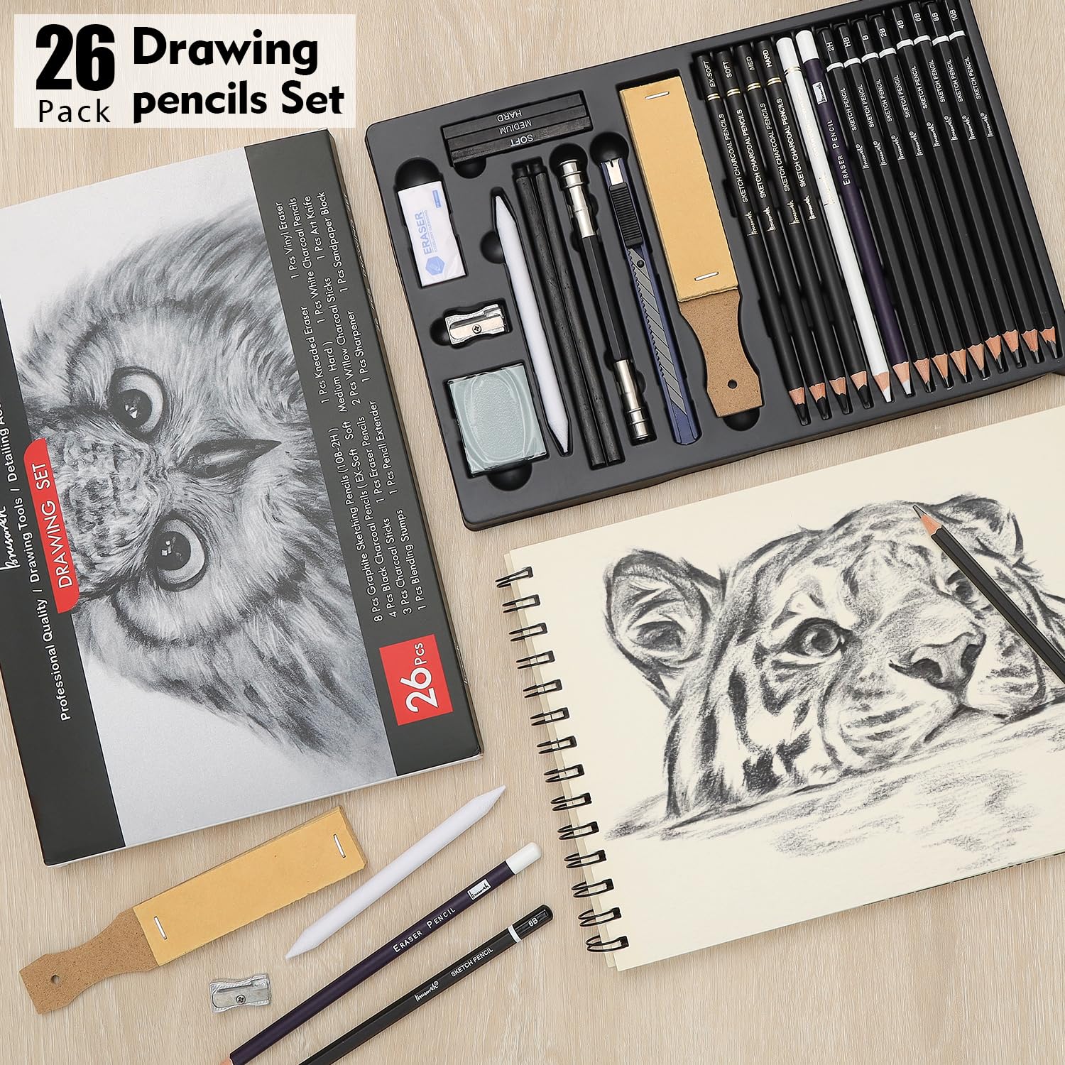 Brusarth Lápices de carbón para dibujar, juego de 26, lápices de dibujo profesional, suministros de arte para dibujar, sombrear, bocetos, mezclar, lápices de artista para principiantes y artistas