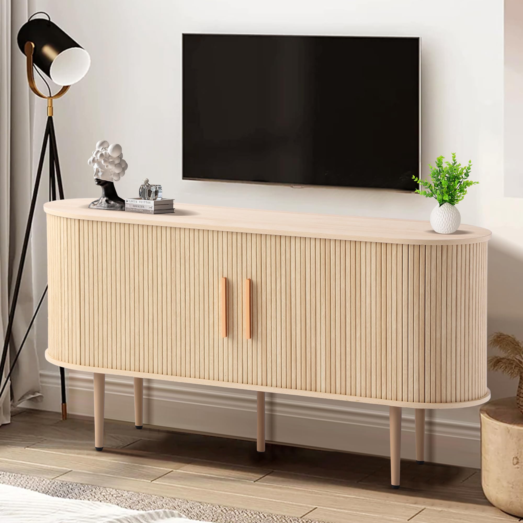 GIODIR 55" Fluted Buffet Cabinet with Storage, Tambour Sideboard Cabinet with Slide Doors, Wood Modern Storage Accent Credenza with Shelf for Living