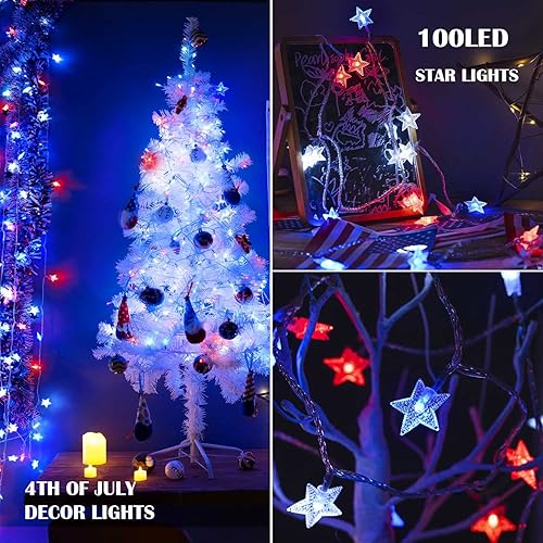 Miniatura 2 de ZHOUDUIDUI Luces solares rojas, blancas y azules, 4 de julio, tira de luces de estrella decorativa con 100 luces LED solares de jardín, 51 pies,