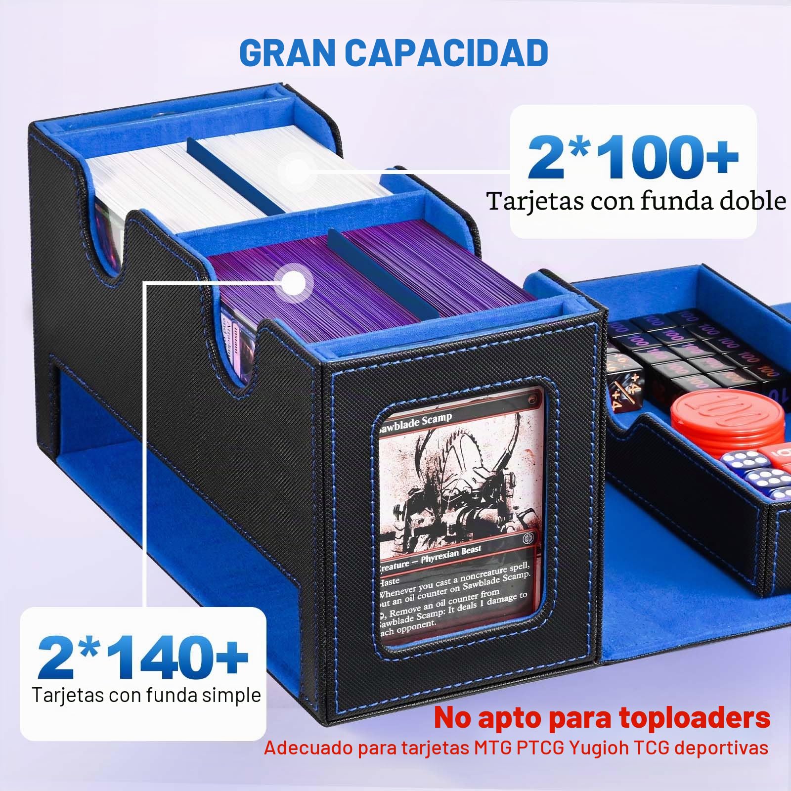 UAONO Caja de almacenamiento para MTG, caja de almacenamiento de doble bandeja con 2 soportes de exhibición de comandantes y 1 bandeja para dados, puede contener más de 200 bolsas dobles, organizador
