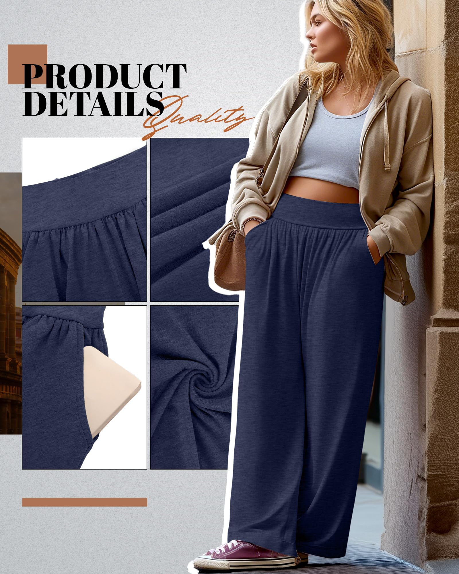 Neer Lot de 3 pantalons de yoga à jambes larges pour femme - Taille haute - Pantalon de survêtement Palazzo avec poches