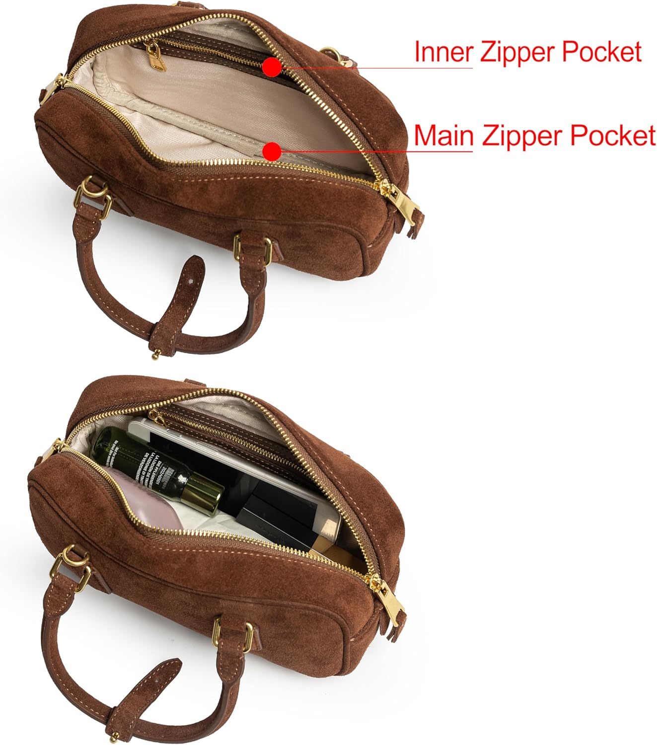 DORIS&JACKY Suede Leather Top Handle Tote Purse for Women Small Retro Bowling Boston Satchel Clutch Bag - Image 5