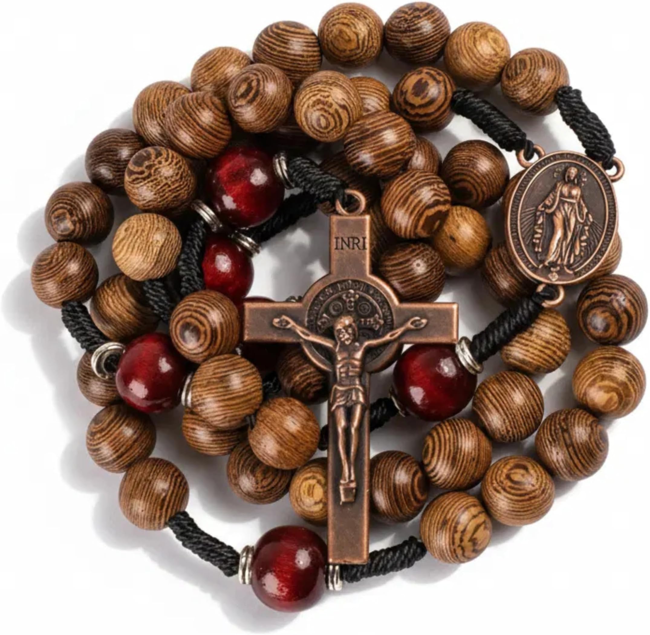 Nazareth Store Classic 10mm Solid Wood Rosary Beads Necklace for Men Olive & Dark Red Wooden Strong Rugged Corded Catholic Rosary with St.Benedict Medal & Cross Crucifix