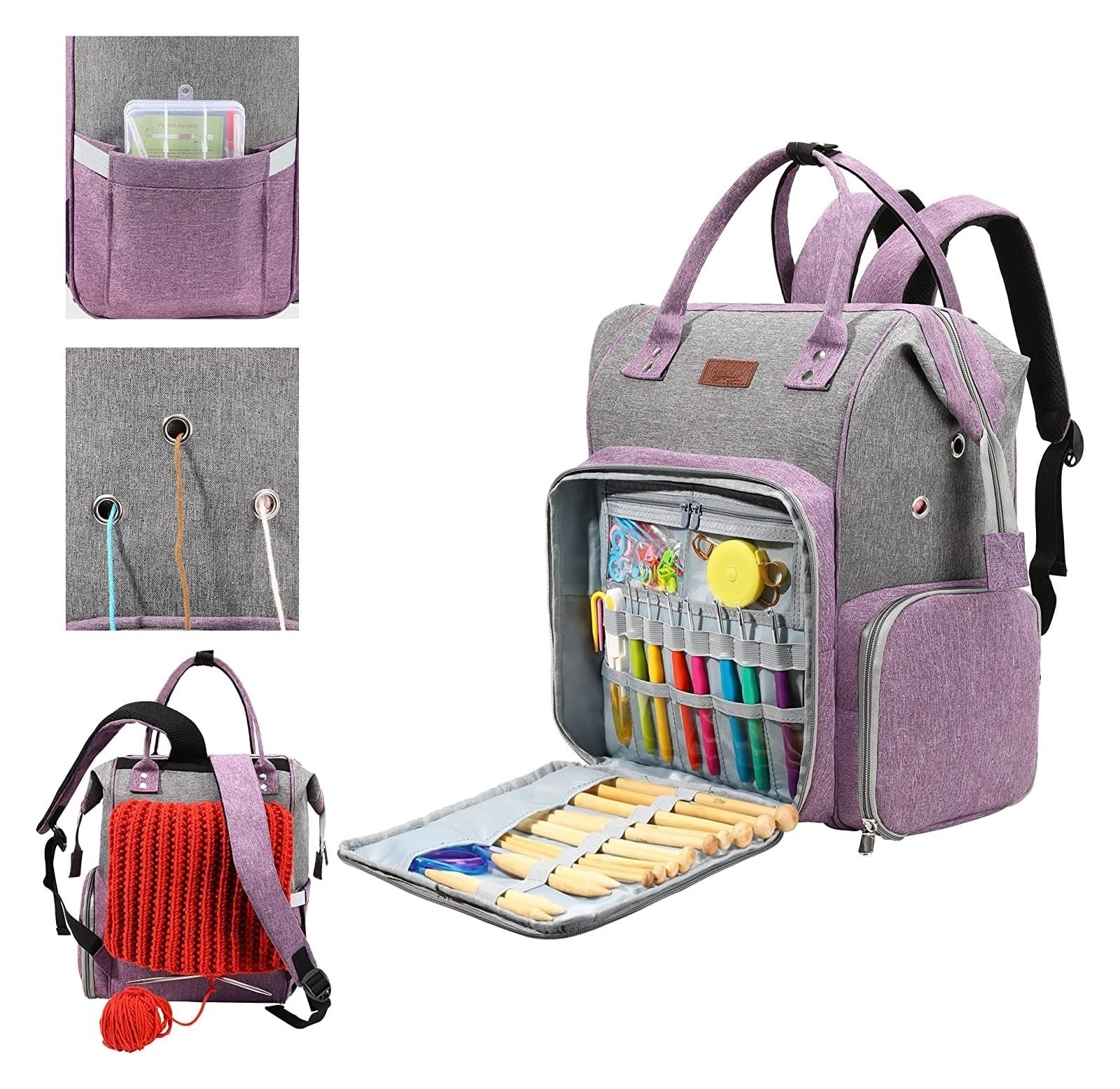 Organizador De Crochet Mochila organizadora de almacenamiento de crochet, bolsas portátiles for tejer, bolsas con divisor interior, almacenamiento de hilo de lana, agujas de radios(PURPLE)