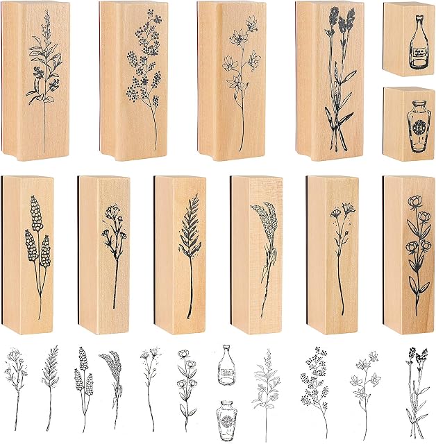 Meetory 12 Pieces Vintage Wooden Rubber Stamps, Plant and Flower Decorative Wooden Rubber Craft Stamps Set, Wood Mounted Rubber Floral Stamps for DIY Craft, Letters Diary and Scrapbooking
