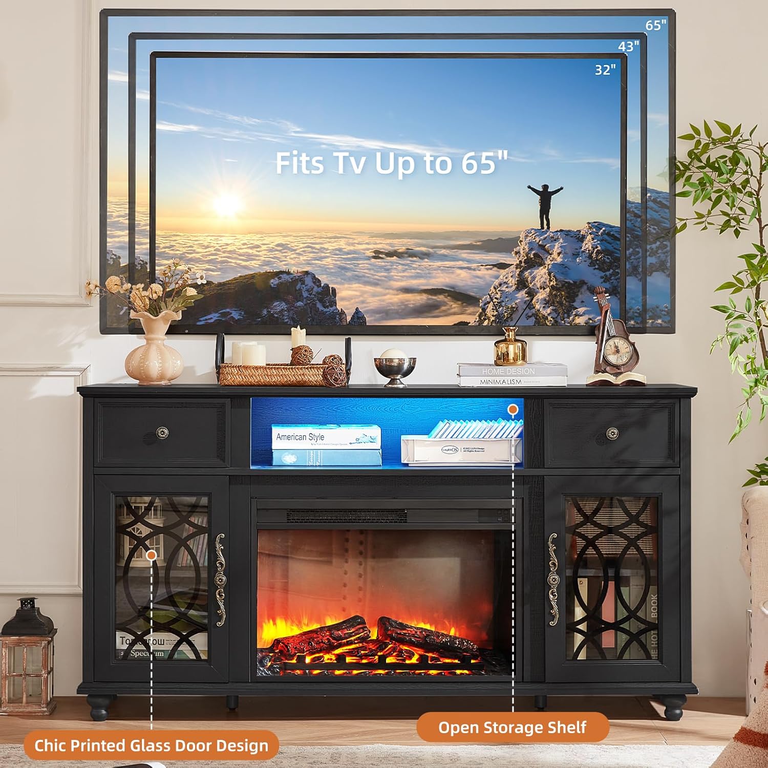 Farmhouse TV Stand with Fireplace, 59" Entertainment Center with Electric Fireplace & LED Lights for TVs up to 65'', Black TV Console Stands for Living Room, Media Console w/Drawers