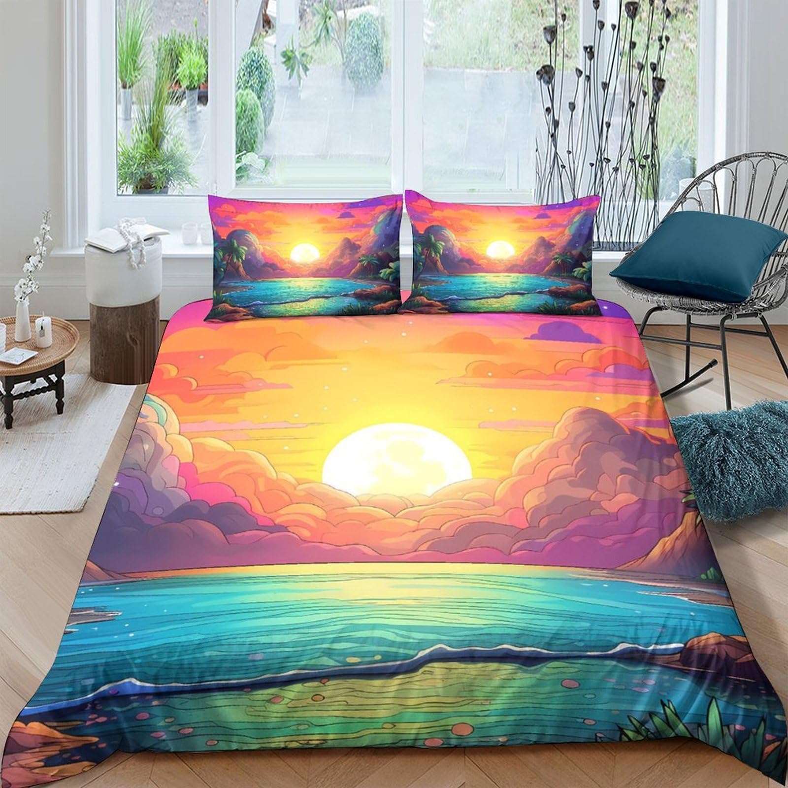 Ctjqhvkz Style-9 3D Printed Sunset Beach Fitted Sheet Microfiber Sunrise Ocean Mattress Cover For Bedroom Decor Protection Easy Care Single（135X200cm）