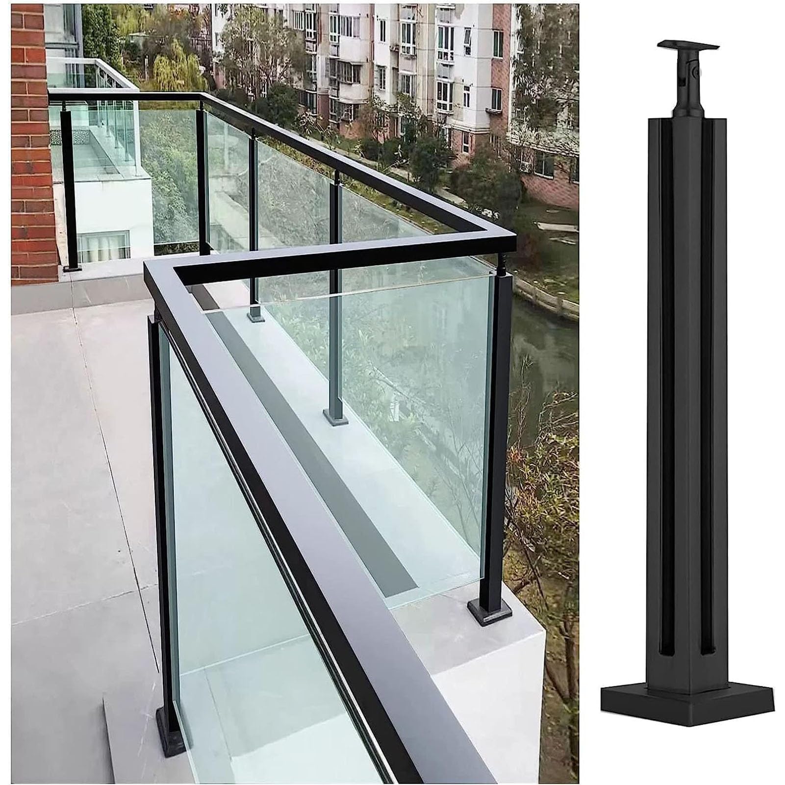 Poste de barandilla de vidrio negro en acero inoxidable para terrazas y balcones de 9,5 mm