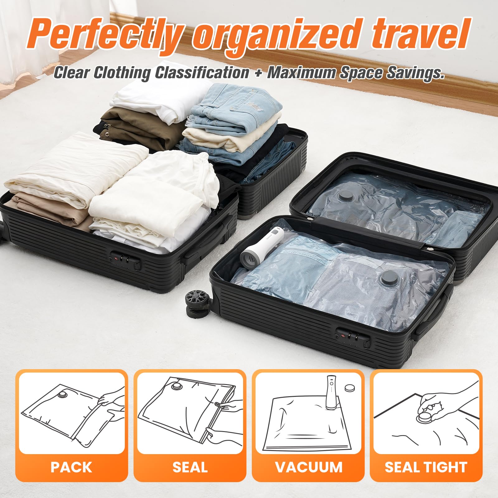 Lot de 15 sacs de rangement sous vide pour voyage avec pompe sans fil, sacs économiseur d'espace pour vêtements, sacs d'emballage de compression pour bagages, 15 tailles combinées