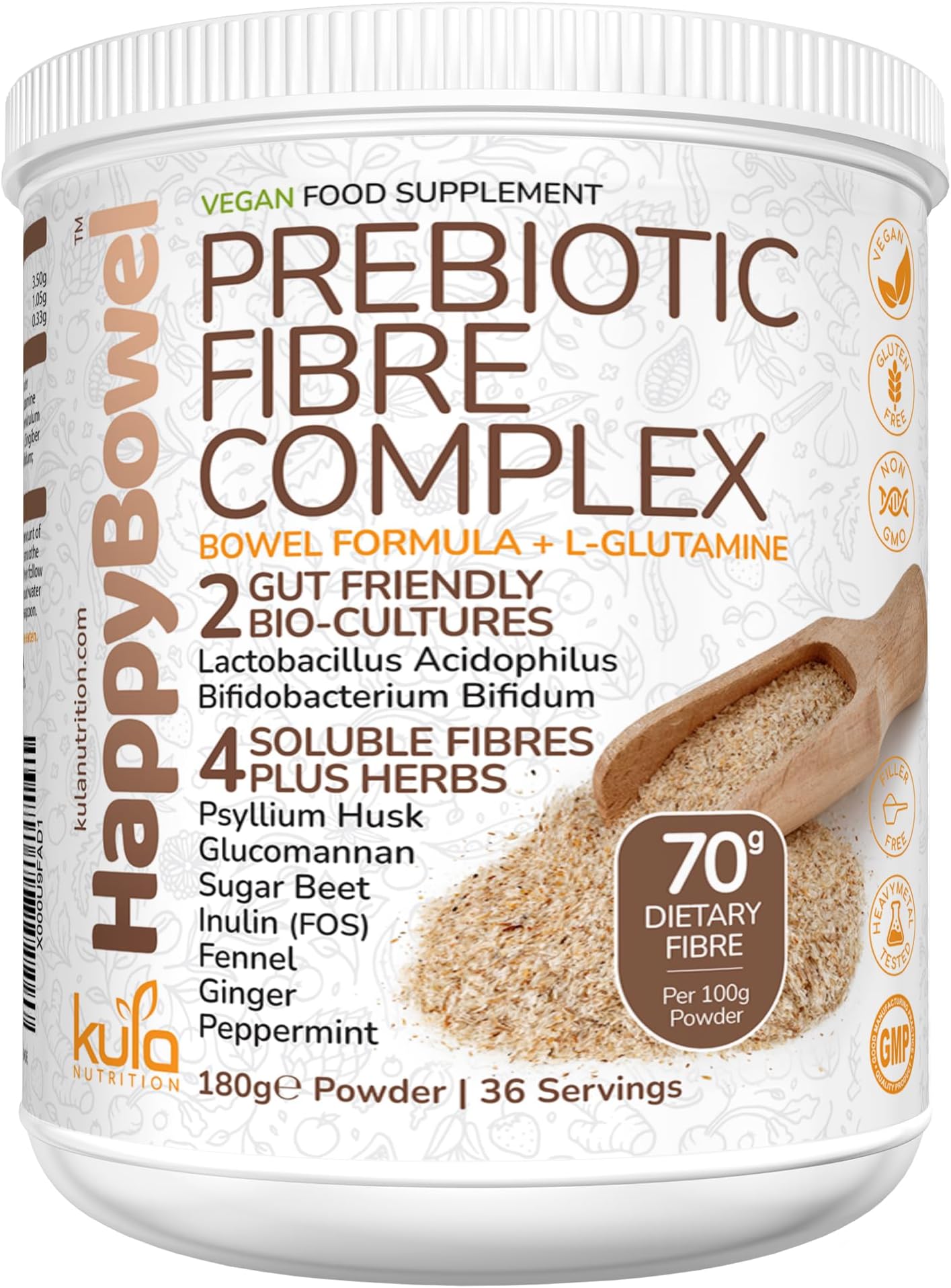 HappyBowel - Soluble Fibre Supplement - Dietary Fibre Powder - Psyllium Husk, Inulin FOS, Glucomannan, Beet, L-Glutamine, Peppermint, Prebiotics and Probiotics for Gut Health - Mix with Water - 180g