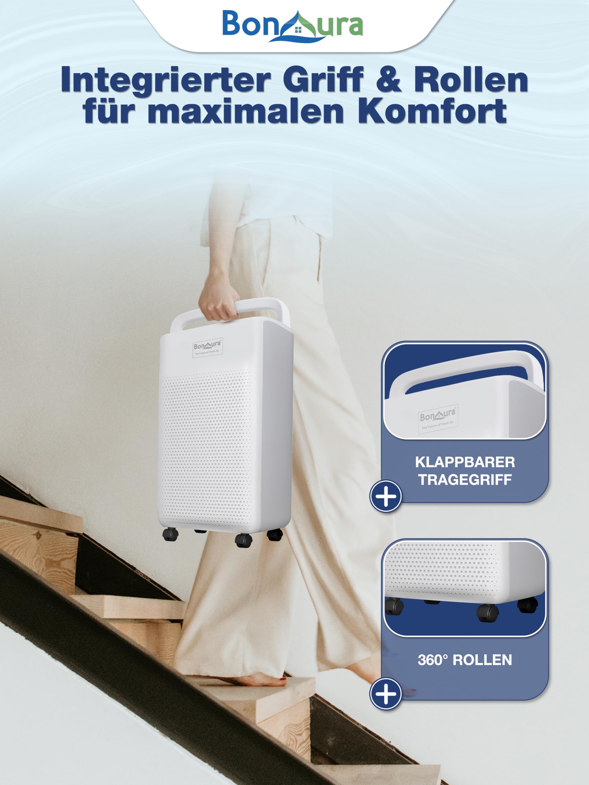 BonAura Elektryczny osuszacz powietrza 10 l – elektryczny i cichy (36 dB) z wyświetlaczem LED, timerem, trybem samochodowym, wężem drenażowym – osuszacz powietrza w piwnicy i pomieszczeniach do 40 m³