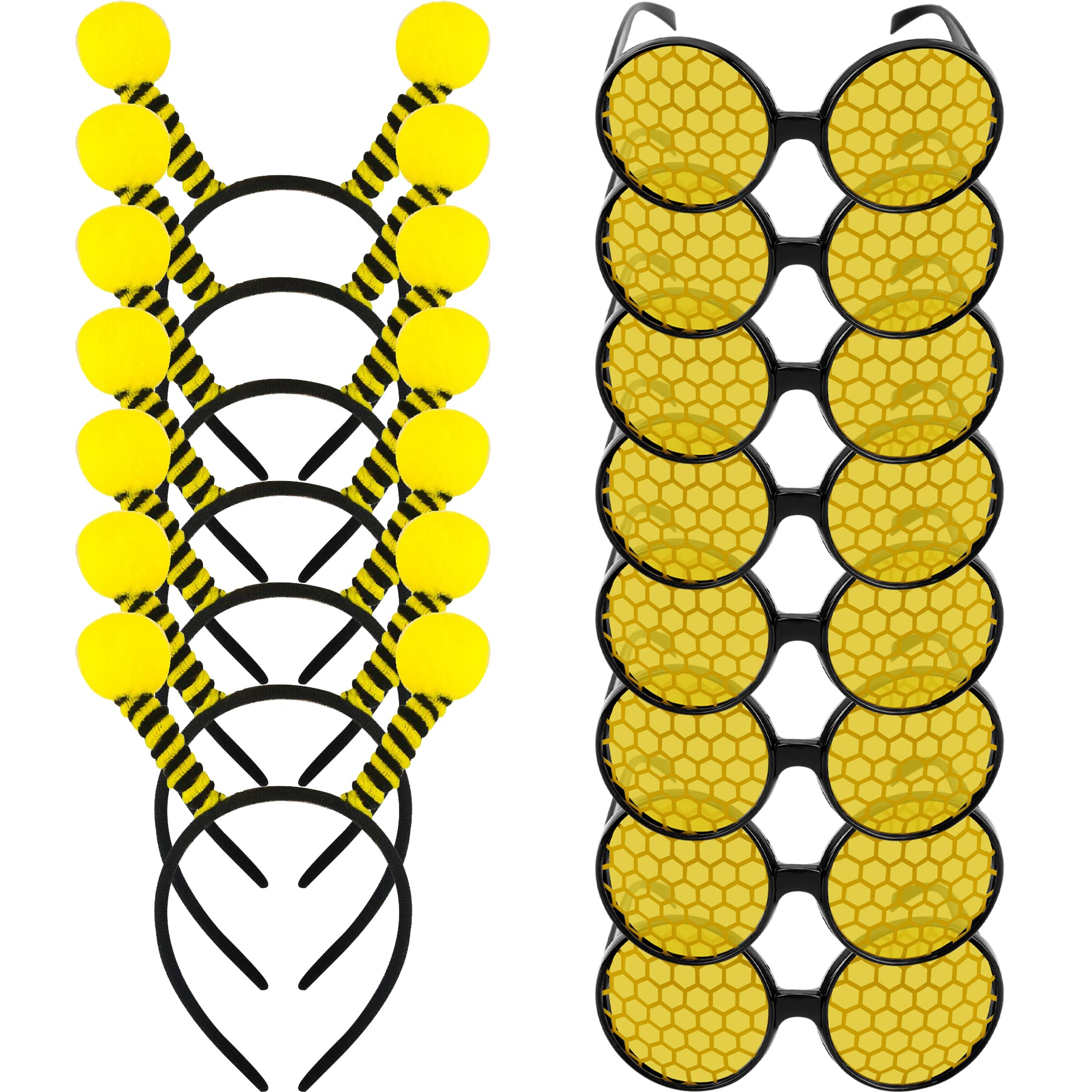 16 Pack Bee Headband and Glasses Set Bee Antenna Headband Boppers with Bee Sun Glasses Honey Bee Costumes for Fancy Dress Party Halloween Decoration