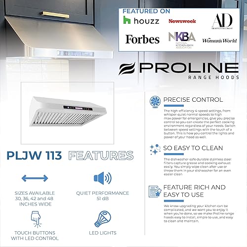 Miniatura 4 de PROLINE - Campana extractora para debajo del gabinete de 30 pulgadas, con canalización, 900 CFM, acero inoxidable, luces LED, motor soplador ultra