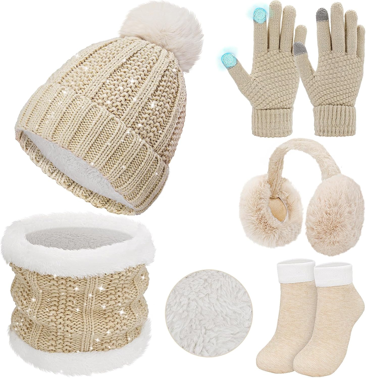 5 Pcs Womens Hat Scarf Gloves Set Winter Fleece Ear Muffs Warm Socks Outdoor Touch Screen Gloves Beanie Skull Cap
