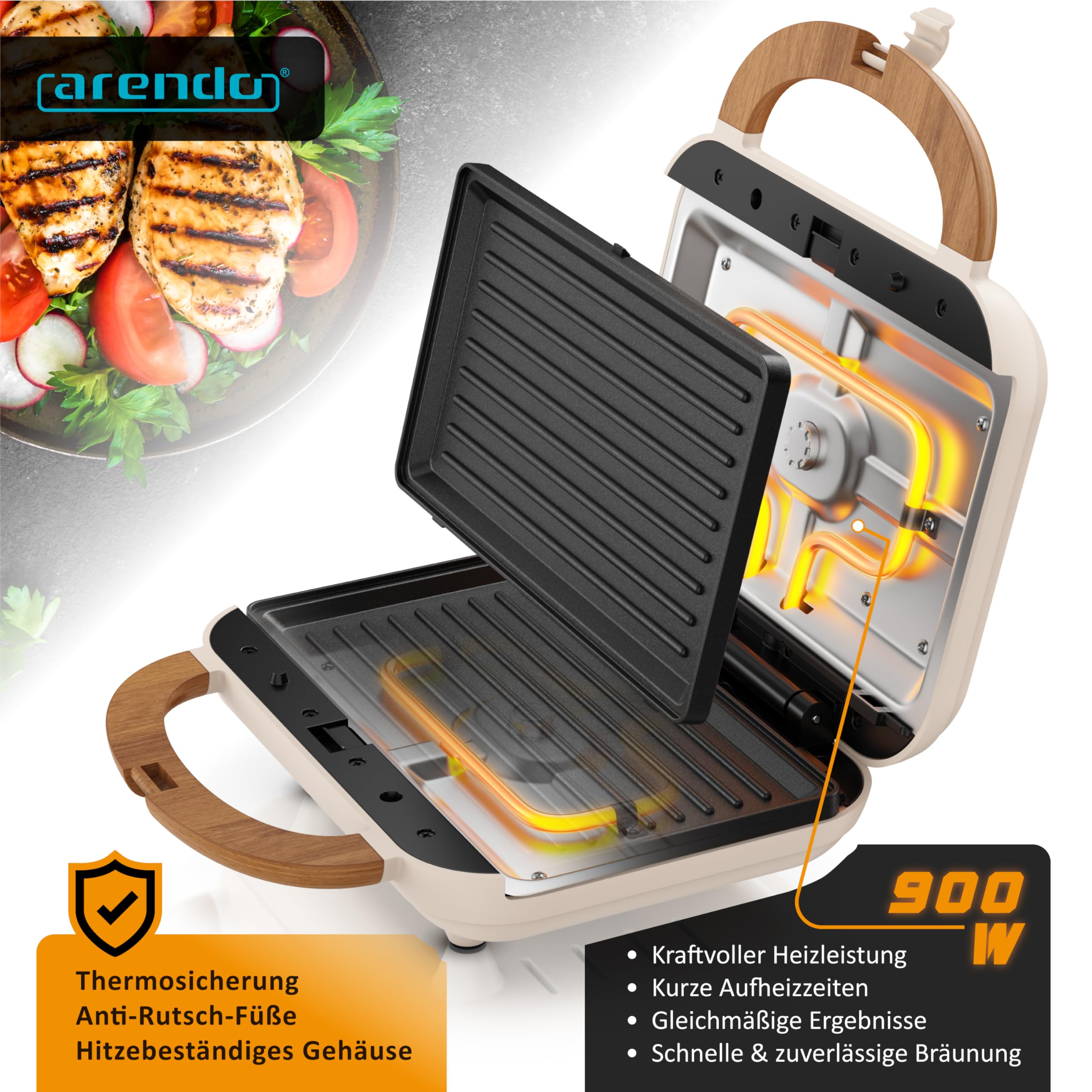 Arendo - Waffeleisen Belgische Waffel doppelt - 3in1 Sandwichmaker Kontaktgrill mit abnehmbaren Platten - 2 Zonen - mit Antihaftbeschichtung - BPA frei - Temperaturkontrolle – Sandwichtoaster