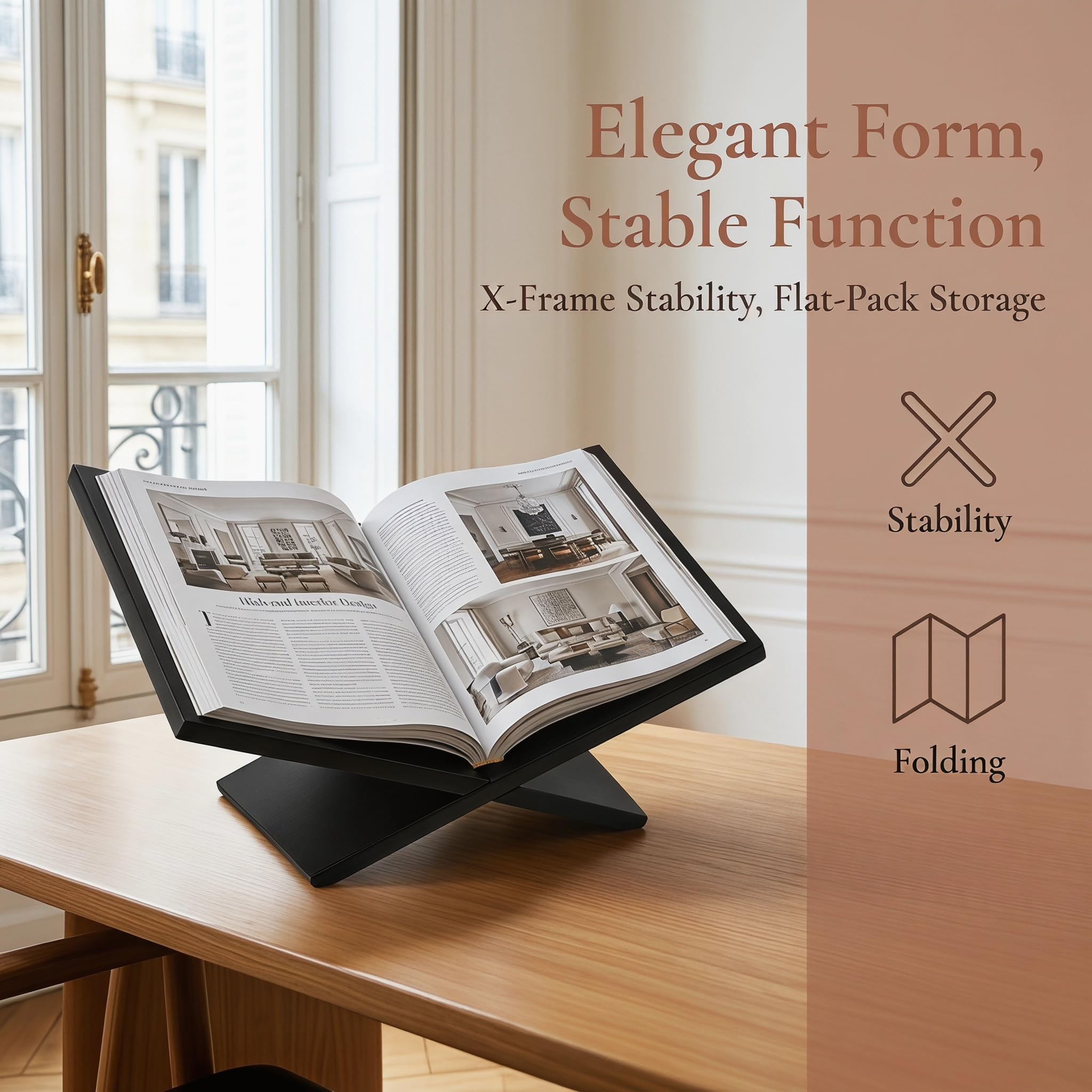 Buchständer Kreuzrahmen Holz Schwarz Edler Buchaufsteller für Coffee Table Books Leseständer Offene Ausstellen für Kochbücher Bibel Koran Zeitschriften Deko Bücherständer für Wohnzimmer Büro