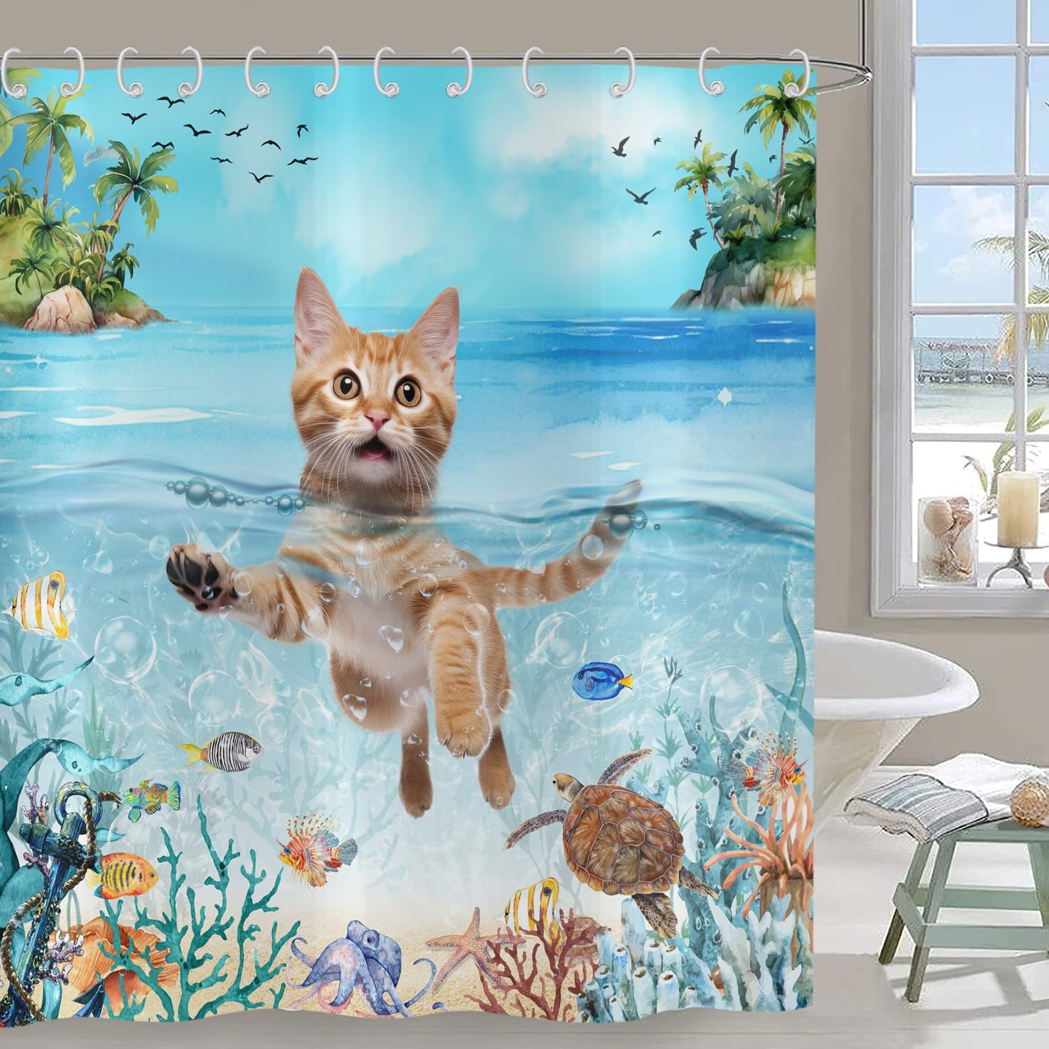 Hnmdmyi Funny Cat Shower Curtain 120x200, Cute Kitten Swimming in Blue Ocean Sea Turtle Tropical Fish Starfish Coral Kids Bathroom Shower Curtains Waterproof Polyester Fabric Washable Bath Curtains — image 1