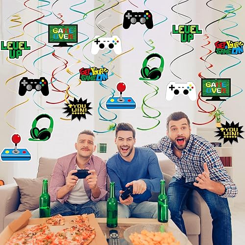Miniatura 7 de MIAHART 34 piezas de remolinos colgantes para fiestas de videojuegos, serpentinas de techo de aluminio para decoración de fiesta de cumpleaños