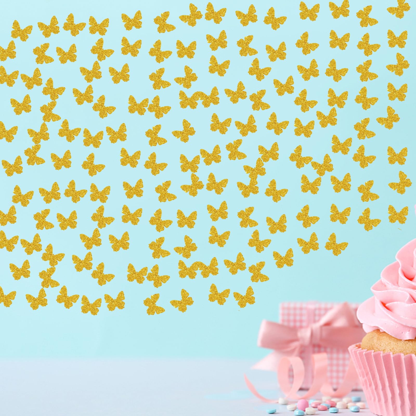 100 confeti de mariposa, papel de mariposa con purpurina dorada, confeti de fiesta de mariposa, decoración de pastel de mariposa, decoración de fiesta de cumpleaños temática de mariposa