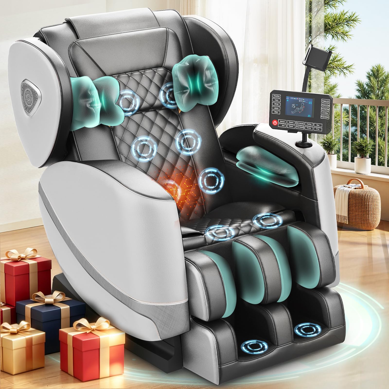 F FURNIMAT Massagesessel, Ganzkörper-Massagestuhl mit 14 Rollen, 8 Komfort-Luftkissen & Zero Gravity– Bluetooth Lautsprecher, Touchscreen, Handyhülter, Wärme für Lenden und Beine