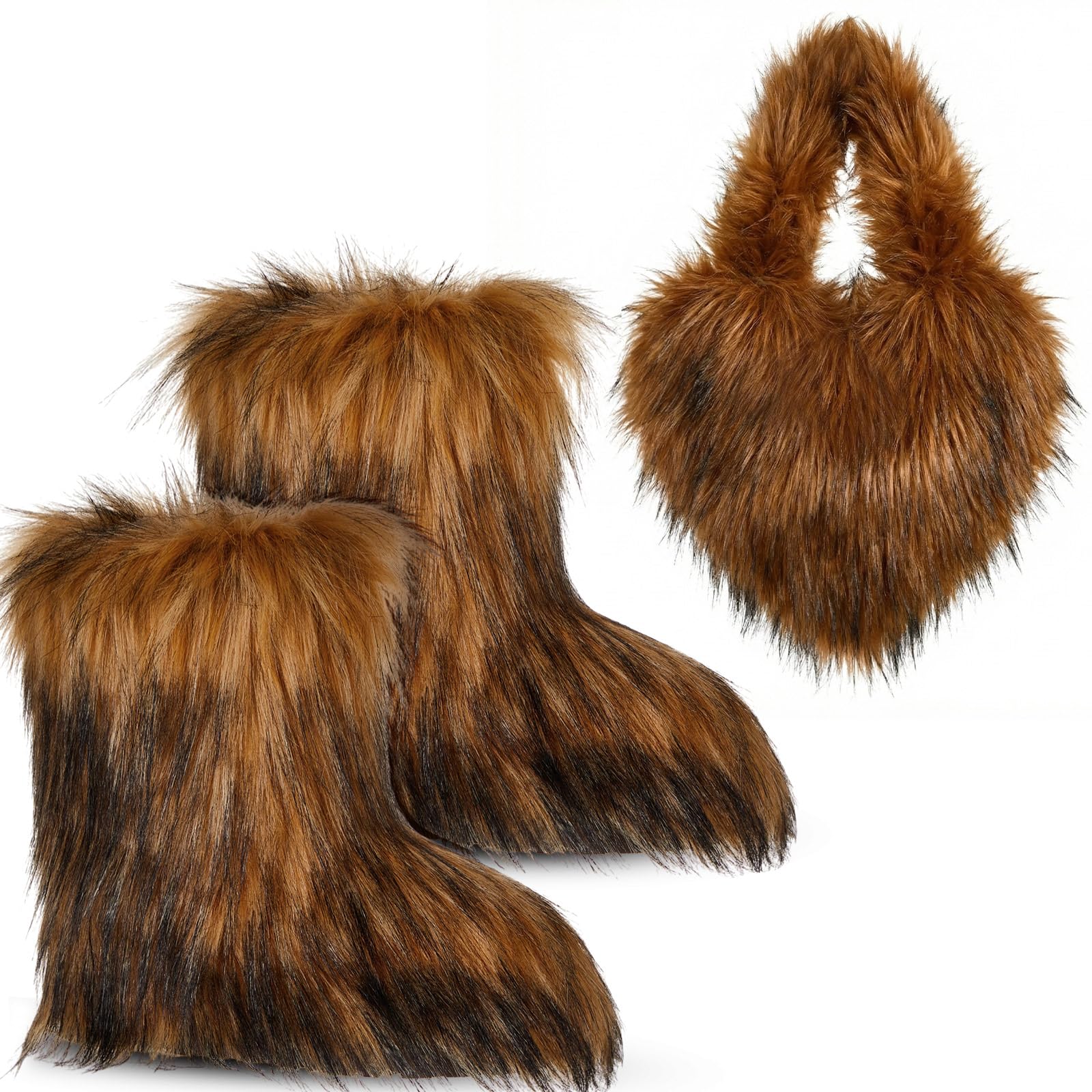 Women Faux Fur Boot Purse Set Furry Fluffy Winter Boots with Heart Shaped Furry Purse Warm Short Booties