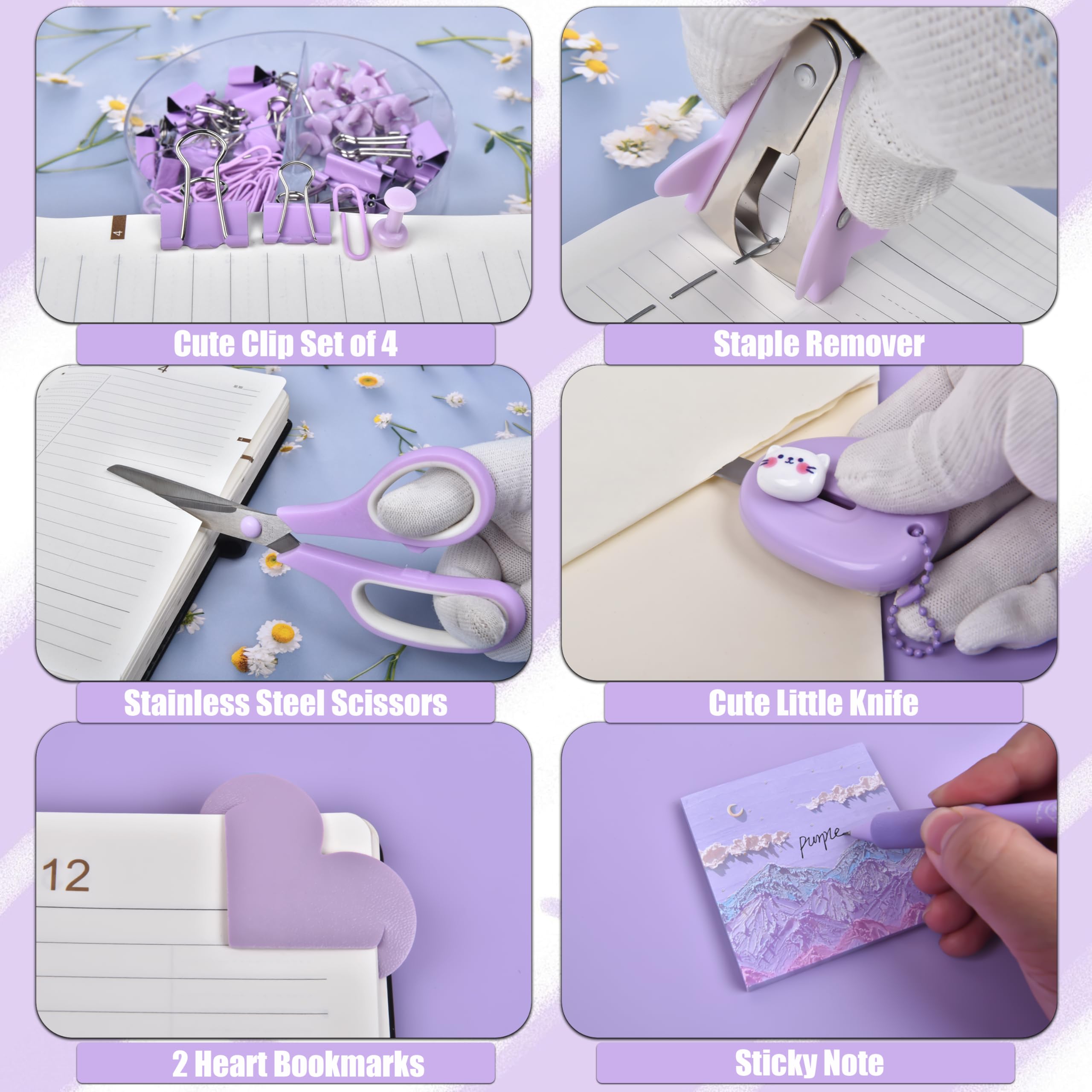 Accessori da scrivania viola, set da 24 pezzi per ufficio e organizer da scrivania, con dispenser per nastro, cucitrice, levapunti, ecc, riempi la tua scrivania con bei colori