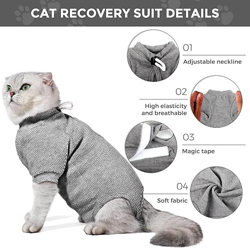 Dotoner Cat Surgery Recovery Suit for Female Male Anti-Licking Pet Surgical Pajamas Long Sleeve Prevent Shedding Cat Spay Recovery Suit&E Collar Alternative Bodysuit for Cats(Grey,L)