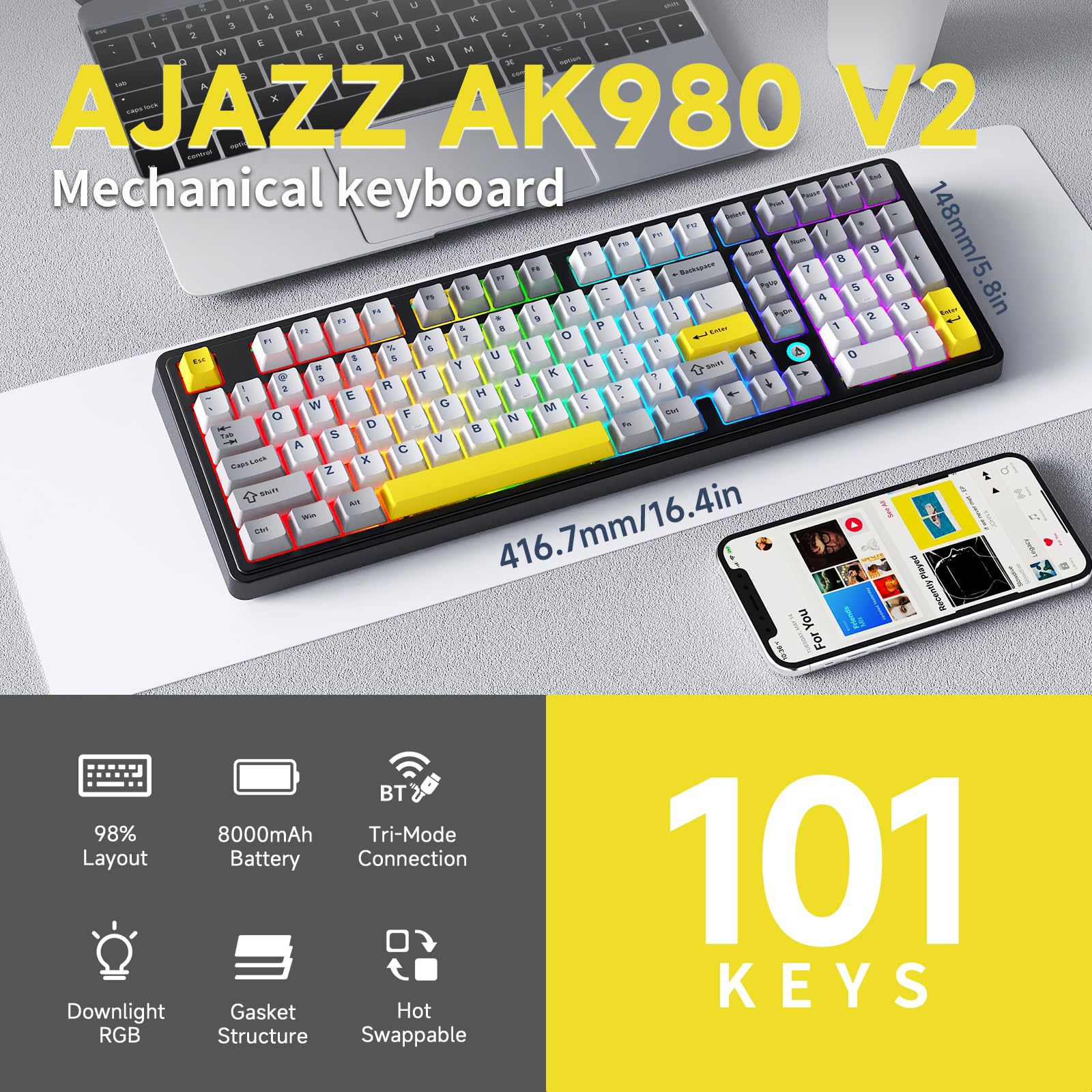 Amazon.com: NACODEX Ajazz AK980 V2 Grey Yellow Wireless Mechanical