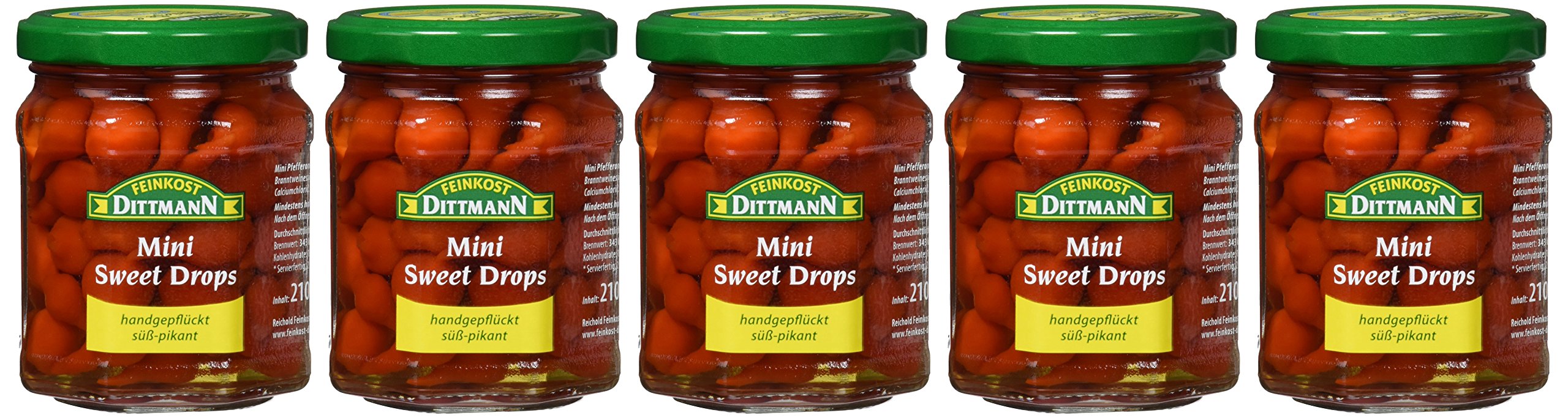 Feinkost Dittmann Mini Sweet Drops scharf und handgepflückt - Mini Pfefferonen rot Glas, 5er Pack (5 x 210 g)