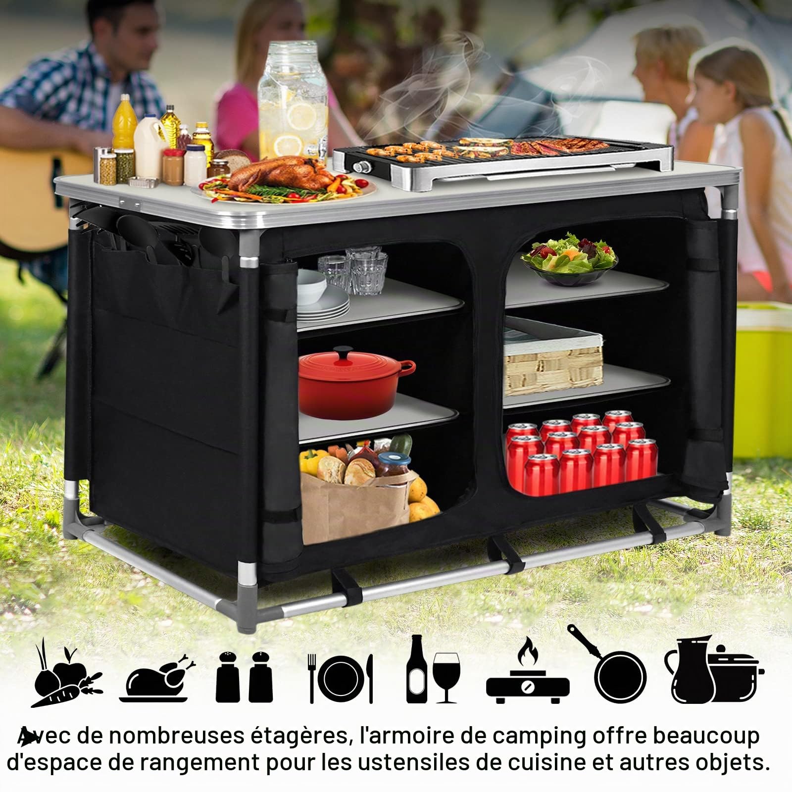 FIVMEN Armoire de camping pliable avec armature en aluminium et compartiments de rangement - Armoire de cuisine de voyage - Armoire de tente - Accessoires de camping pour l'extérieur et la cuisine