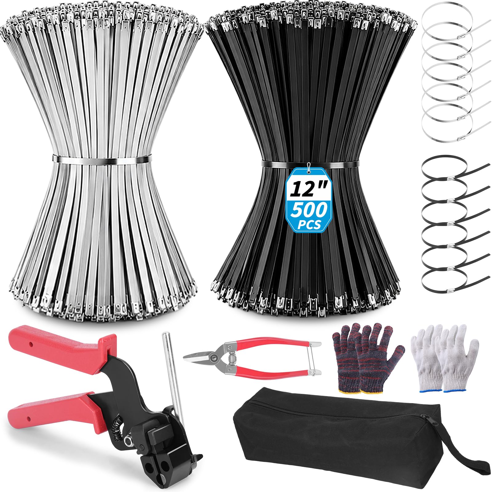 500PCS Metal Zip Ties Gun Kit, 12 Inch Heavy Duty Metal Zip Ties, Multi-Purpose Self-Locking Cable Tie Tool Set for Vehicles Farms Plants Fences Pipe Bundling, Scissors（Silver Black）