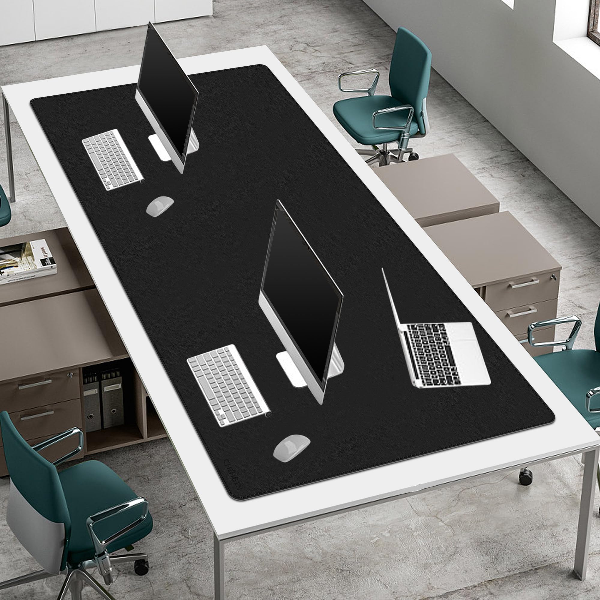 Chihein Tappetino da scrivania in pelle PU, 180,3 x 88,9 cm, doppio lato, grande protezione per scrivania, impermeabile, per ufficio, casa, gioco (nero/grigio)
