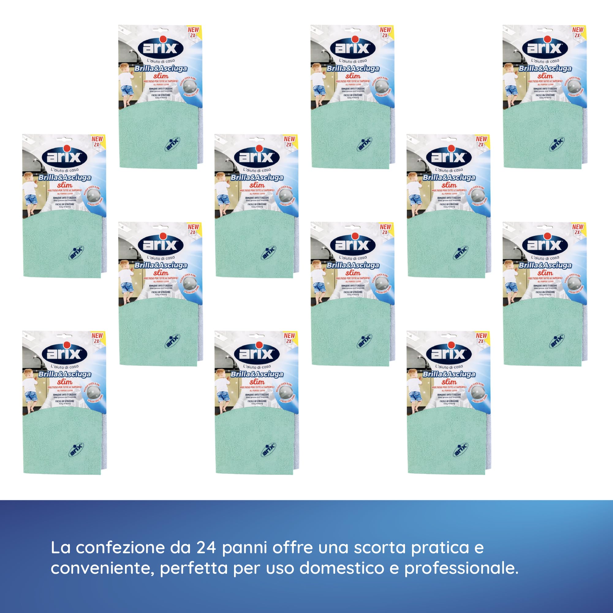 Arix | 24 Panni Brilla&Asciuga slim, 29x29 cm, Panno Multiuso per Tutte le Superfici, Asciuga Senza Aloni, Riumove Lo Sporco In Profondità, Panno Cucina Assorbente - 12 Confezioni